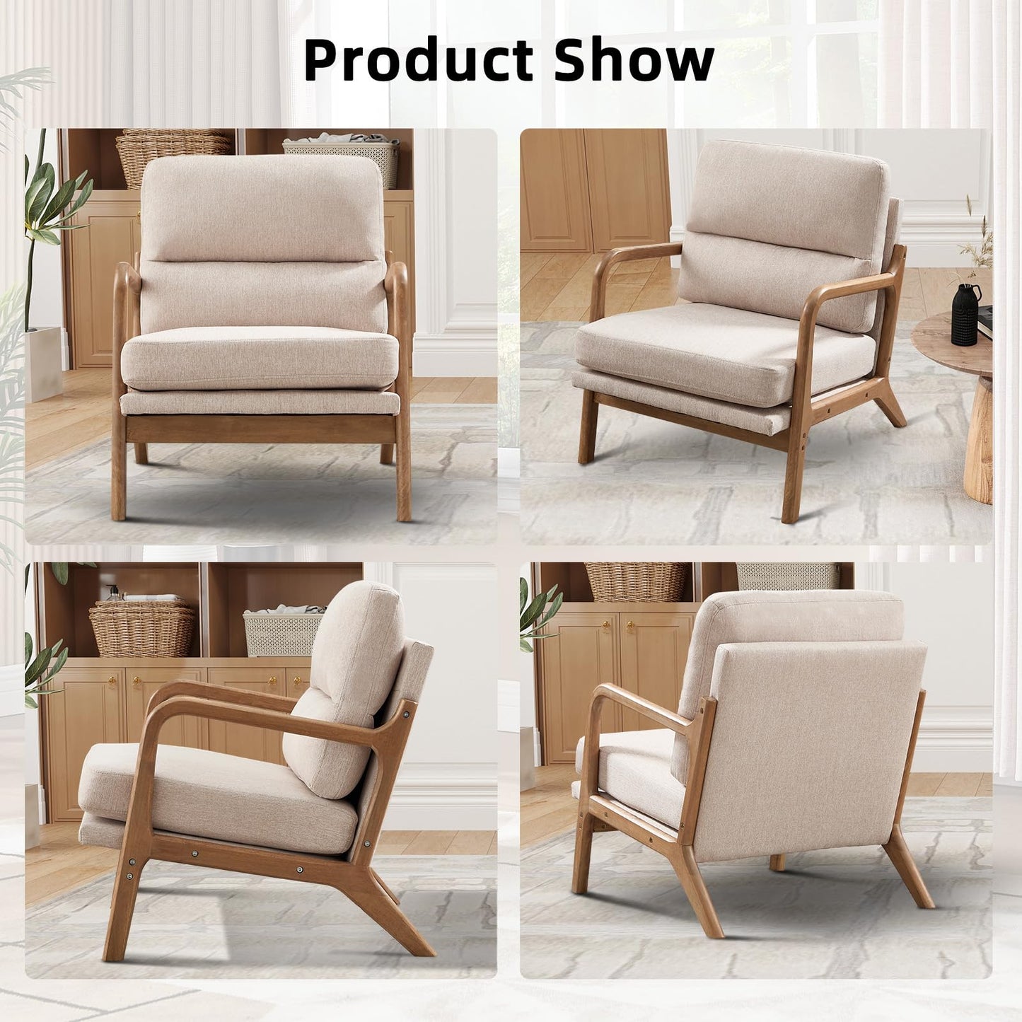 IOMOR Mid Century Modern Accent Chair with Solid Wood Frame Linen Fabric, Upholstered Living Room Chairs with Lumbar Cushion Padded Arms, Reading Armchair for Bedroom (1, Warm Beige)