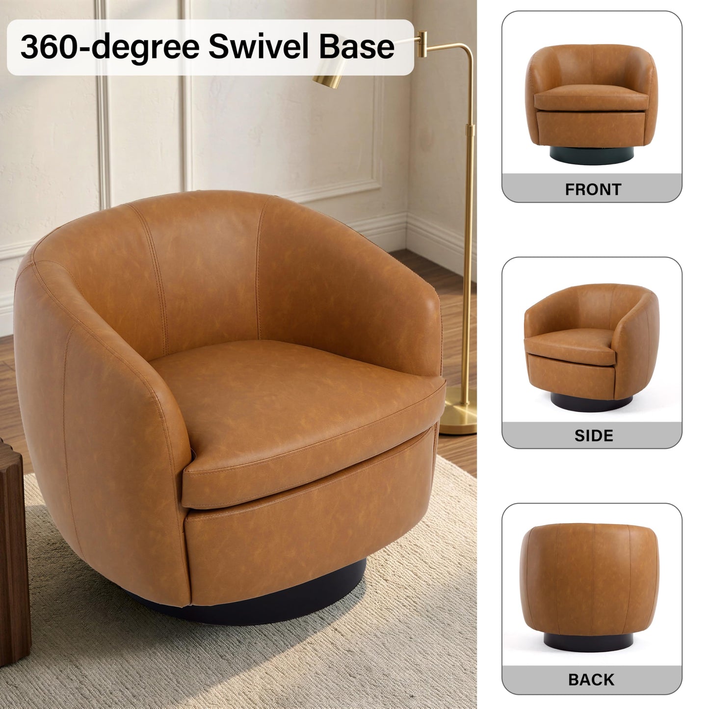 Faux Leather Swivel Barrel Chair, Modern Round Swivel Accent Chair with 360° Rotation, Upholstered Armchair Club Chair for Living Room Bedroom Office (Light Brown)