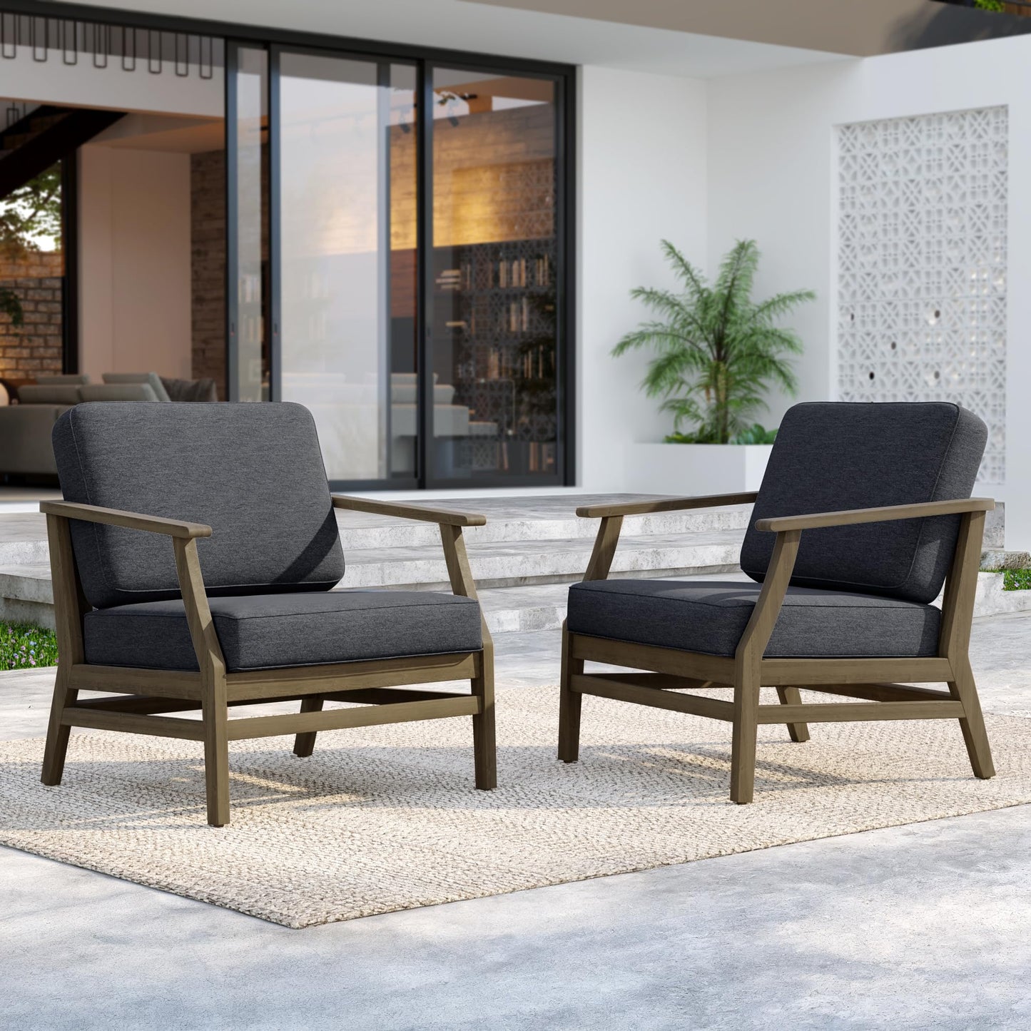Outdoor Patio Armchairs, 2 Pieces Solid Wood Patio Furniture Sets with Washable Thick Cushions, All-Weather Outdoor Sofa Chairs for Backyard, Garden, Poolside, Natural Frame & Dark Gray Cushion