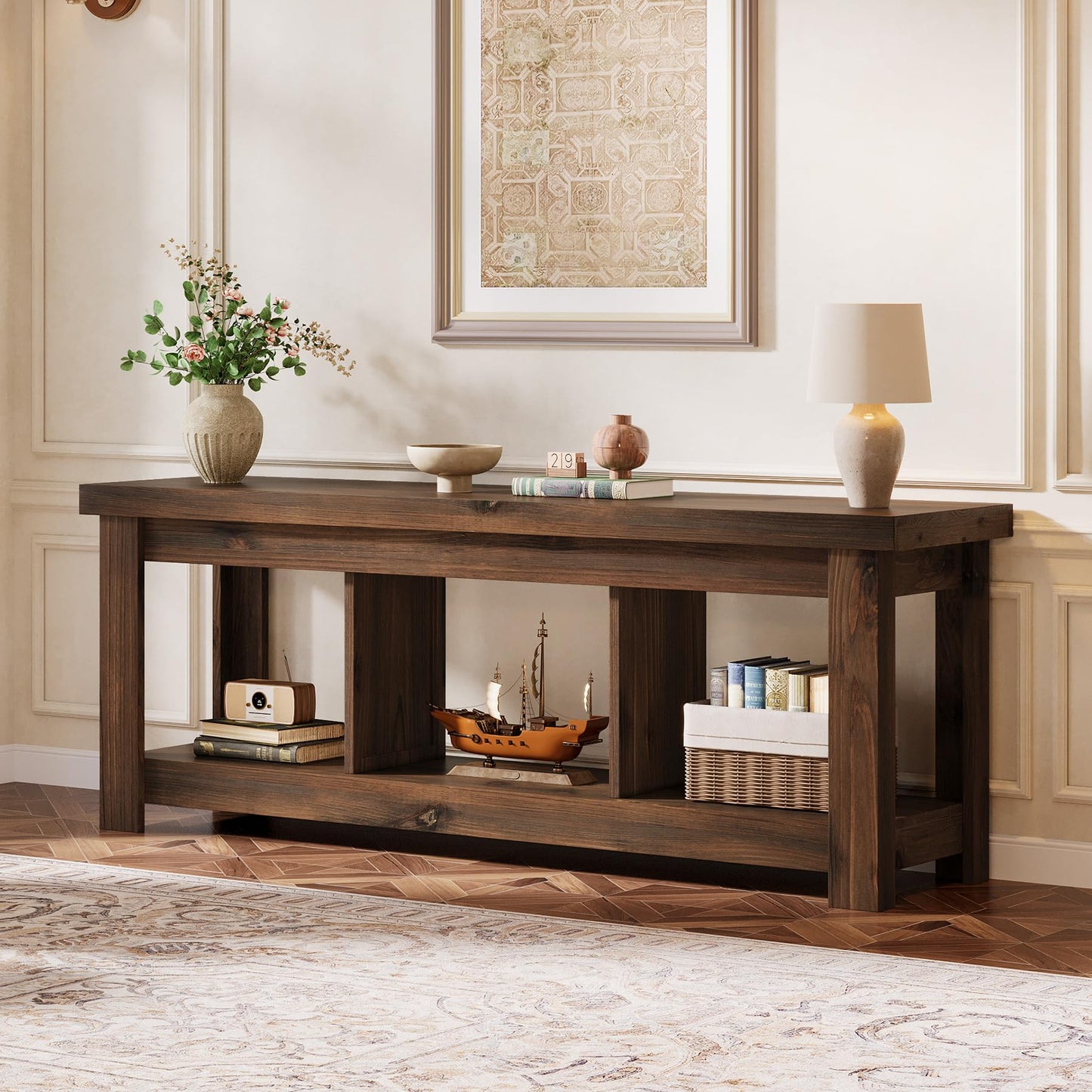 Solid Wood Console Table, 63-Inch Entryway Table with Storage, Long Wooden Sofa Table Behind Couch for Entryway, Hallway, Foyer, Living Room, Natural Wood