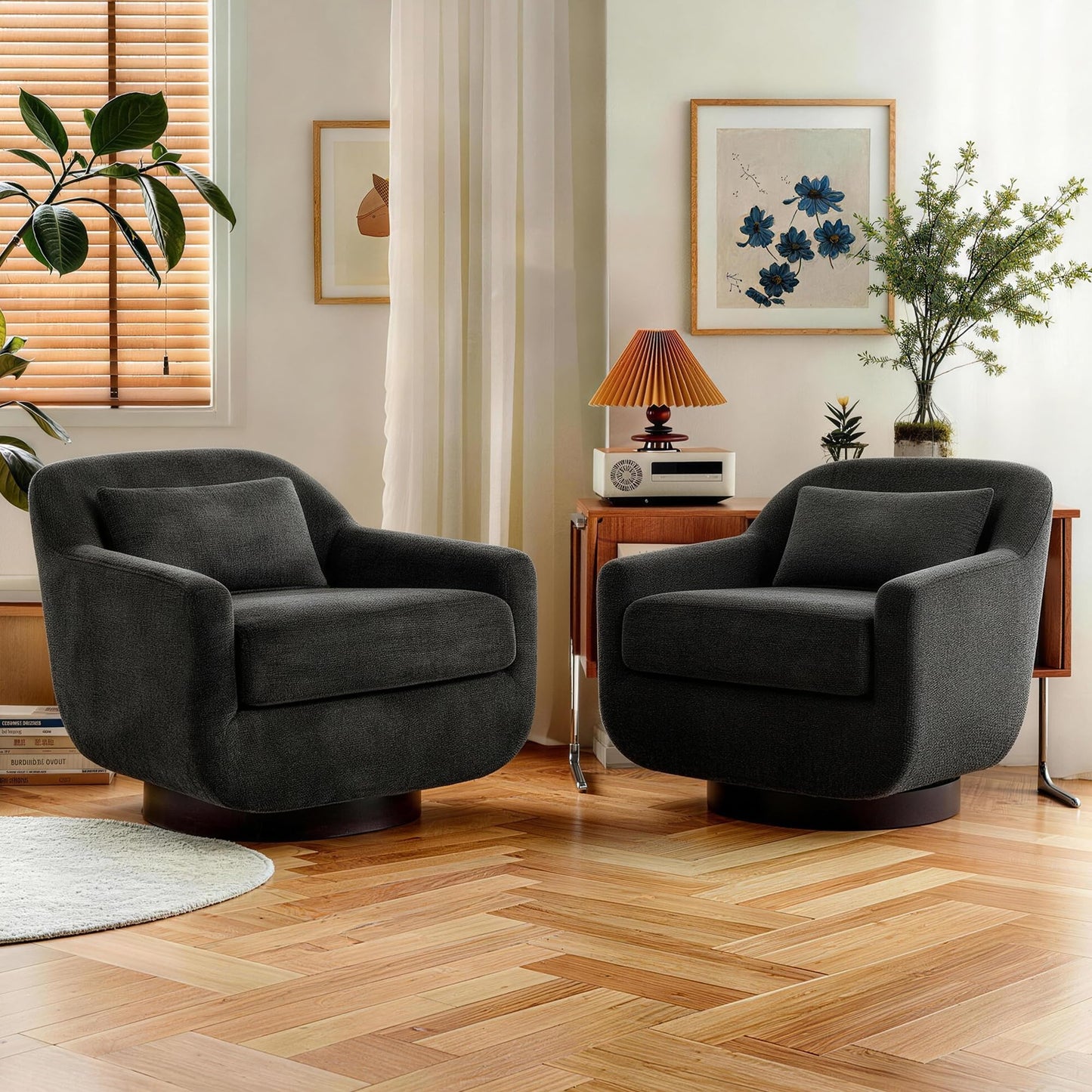 Swivel Accent Chair, 360° Swivel Upholstered Barrel Chair for Living Room, Comfy Club Armchairs Reading Chair with Curves Back Design, Metal Swivel Base, Chenille Fabric, Dark Gray