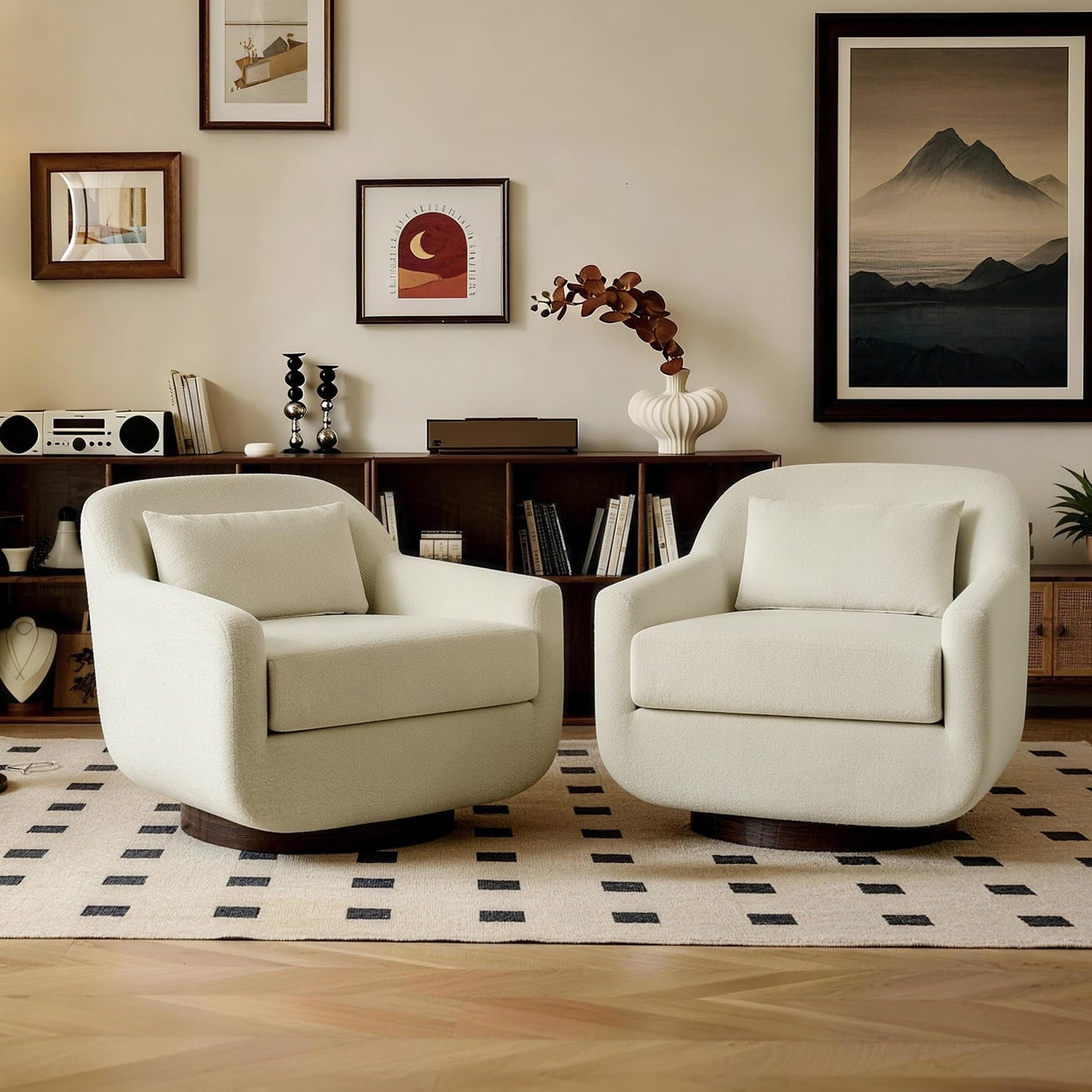 Swivel Accent Chair, 360° Swivel Upholstered Barrel Chair for Living Room, Comfy Club Armchairs Reading Chair with Curves Back Design, Metal Swivel Base, Chenille Fabric, Dark Gray