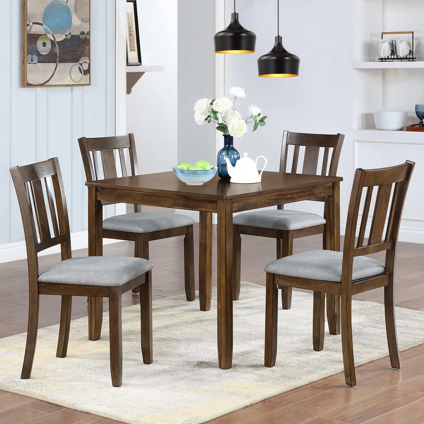 LKTART 5-Piece Kitchen & Dining Room Table and Chairs Sets,Small Square Kitchen Table with 4 Upholstered XX-Shaped Backrest Chairs,Walnut