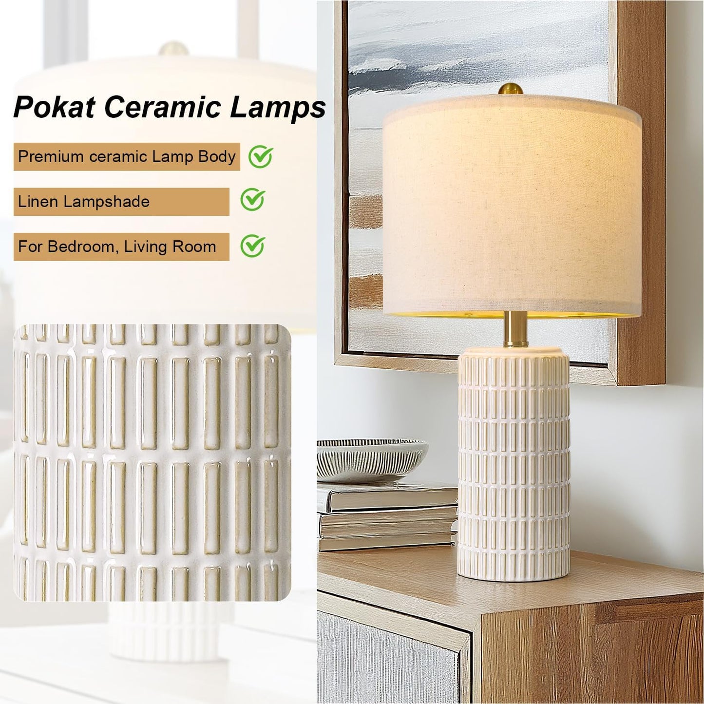 PoKat 64'' Antique Gold Ceramic Floor Lamp for Living Room Bedroom and 20'' Ceramic Table Lamps Set of 2
