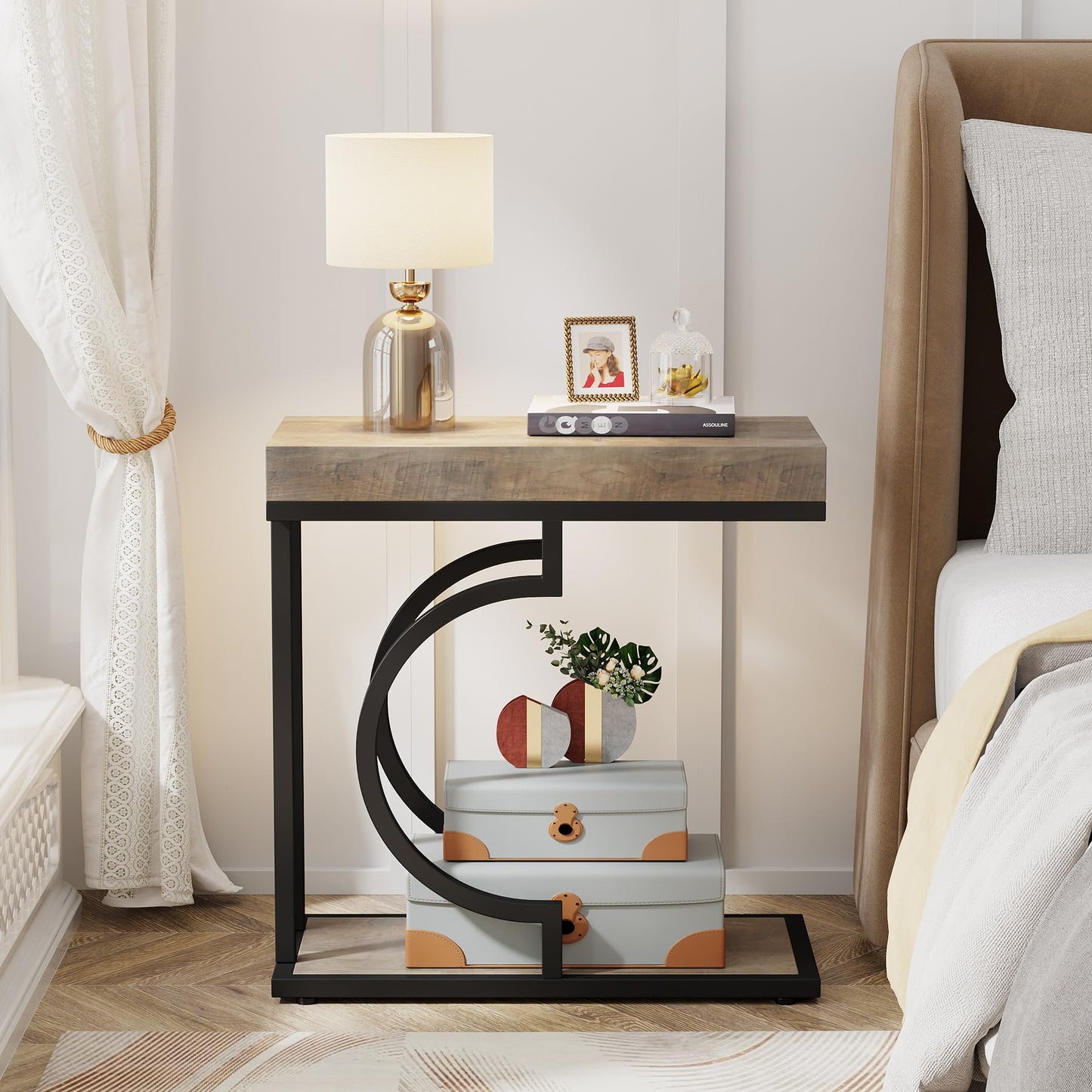 Tribesigns Narrow Side Table for Couch, C Shaped End Table with Metal Frame, Modern Bedside Tables, Small Sofa Tables for Small Spaces, Living Room (1, Brown+Black)
