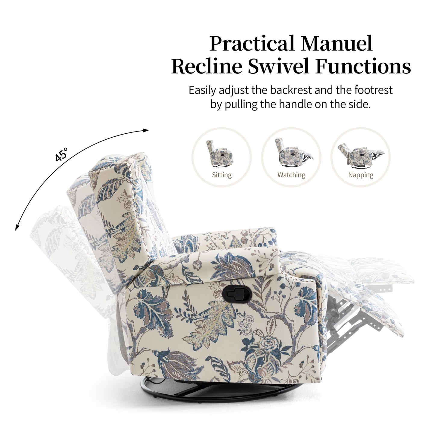 Swivel Rocker Recliner Chair, 360° Swivel Wingback Recliner Chairs for Adults, Upholstered Printed Fabric Glider Rocking Chair with High Back, Deep Seat for Living Romm Bedroom, Bird