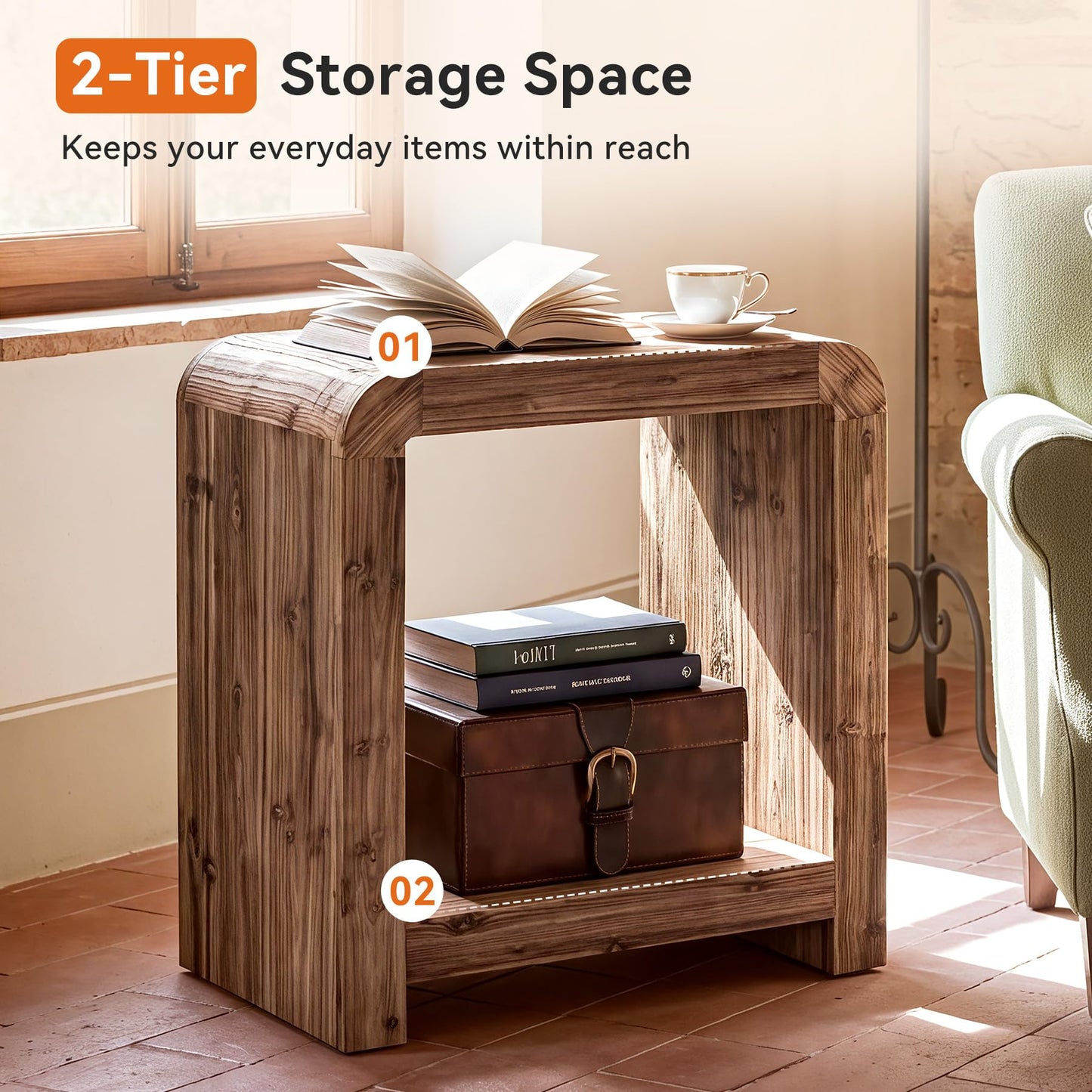 Solid Wood End Table, 2-Tier Narrow Side Table with Storage Shelves, Farmhouse Rustic Nightstand for Living Room, Bedroom, Small Spaces, Easy Assembly (1 PC, Brown)