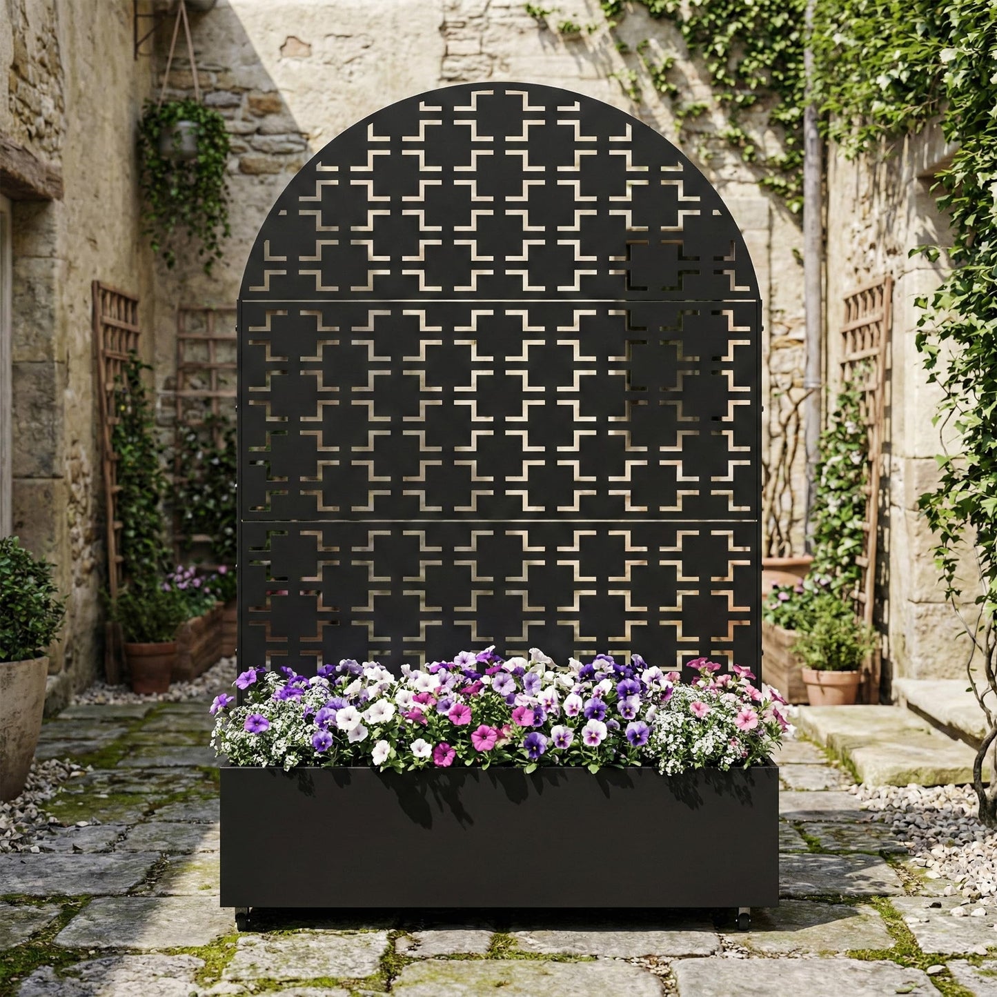 Metal Raised Garden Bed with Trellis and Wheels, 71"x47"x16" Planter Box with Privacy Screen & Drainage Holes, Arched Outdoor Garden Bed for Climbing Plants, Vegetables, Flowers (Black-Square)