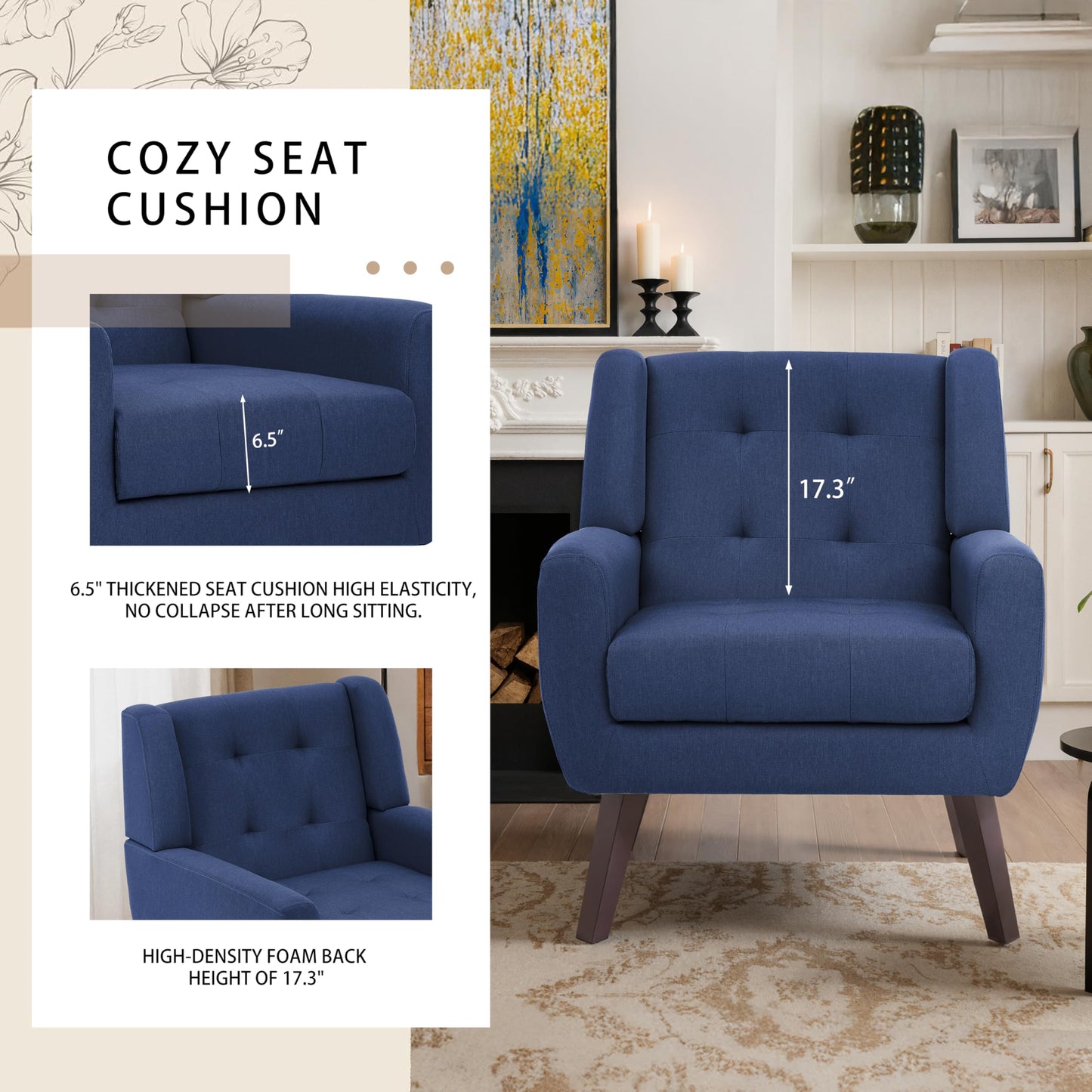 Faux Leather Accent Chairs Set of 2, Mid-Century Modern Upholstered Armchair, Comfy Living Room Chairs Reading Chairs with Button Tufted Back & Solid Wood Legs for Bedroom, Office, Black