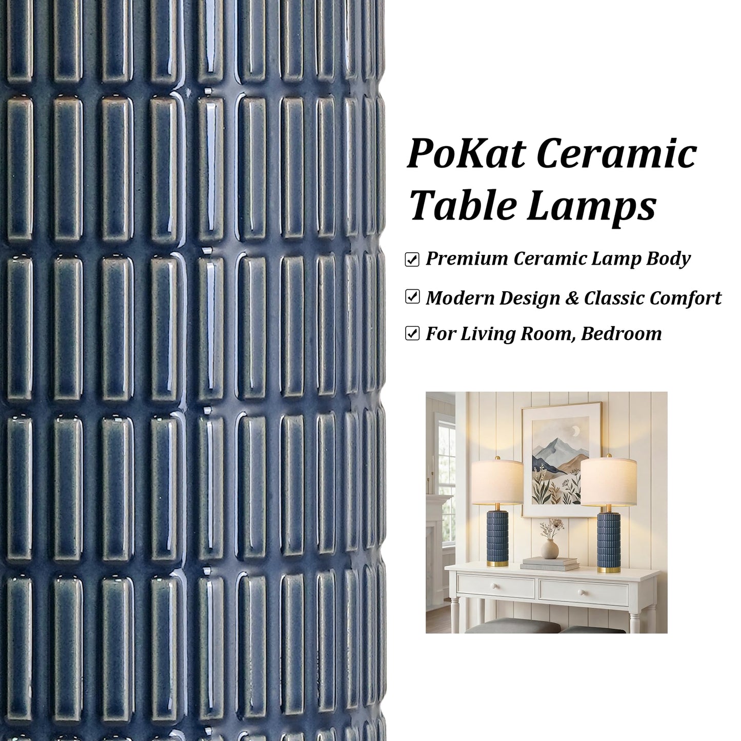 PoKat Small Bedside Table Lamps Set of 2 for Bedroom Living Room, 21.5'' Modern Ceramic Nightstand Lamps with Gold Base, Farmhouse Table Lamps for Office End Side Table Console, White and Beige