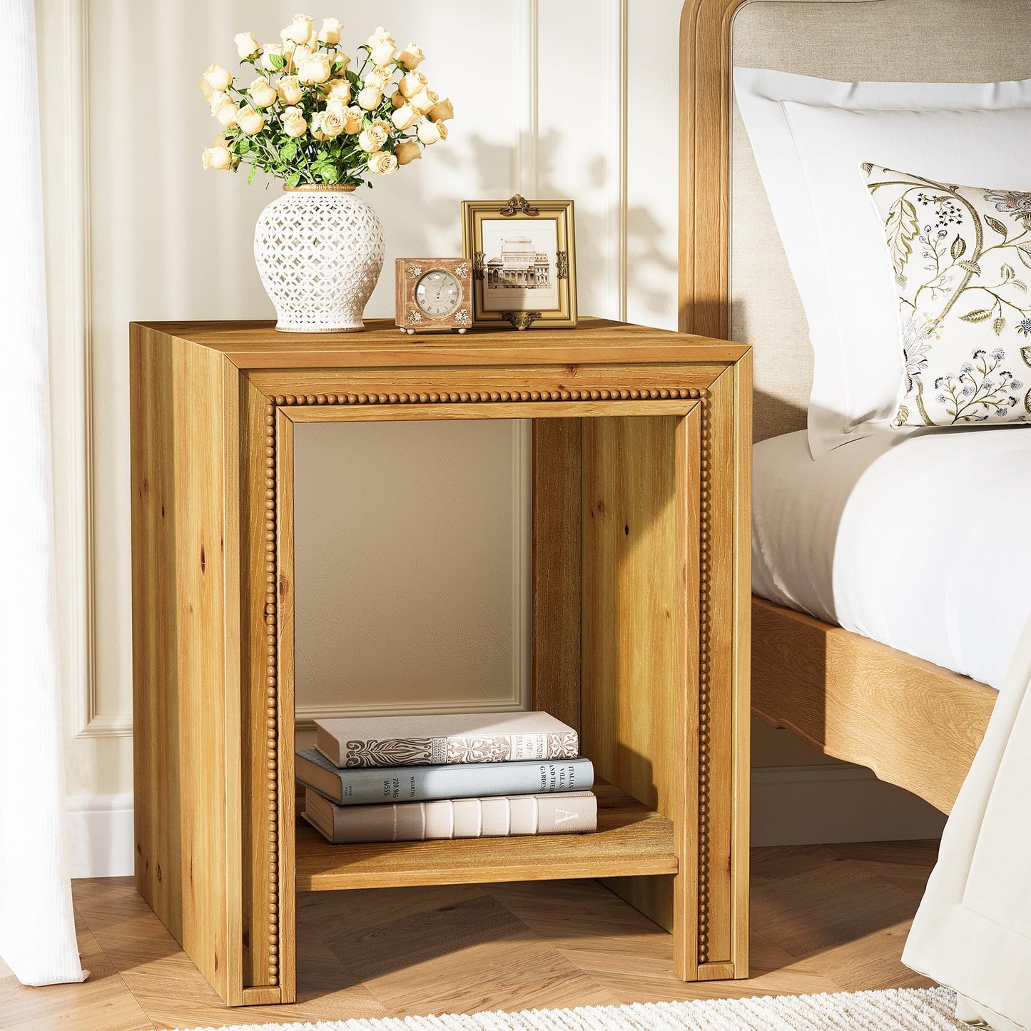 Solid Wood End Table, 2-Tier Farmhouse Side Table with Storage Shelves, Rustic Narrow Nightstand for Small Spaces, Living Room, Bedroom, Warm Brown (2)
