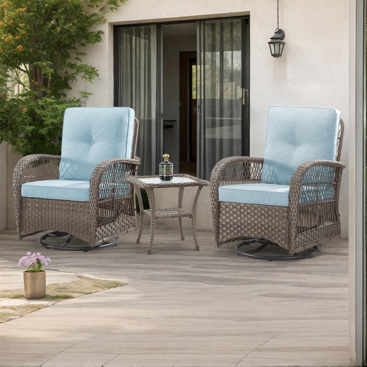 Joyside Patio Bistro Set, 3-Piece Outoodr Wicker Swivel Rocking Chair Set, Outdoor Patio Furniture Chair with Side Coffee Table & Durable Fabric Cushion(Brown/Beige)