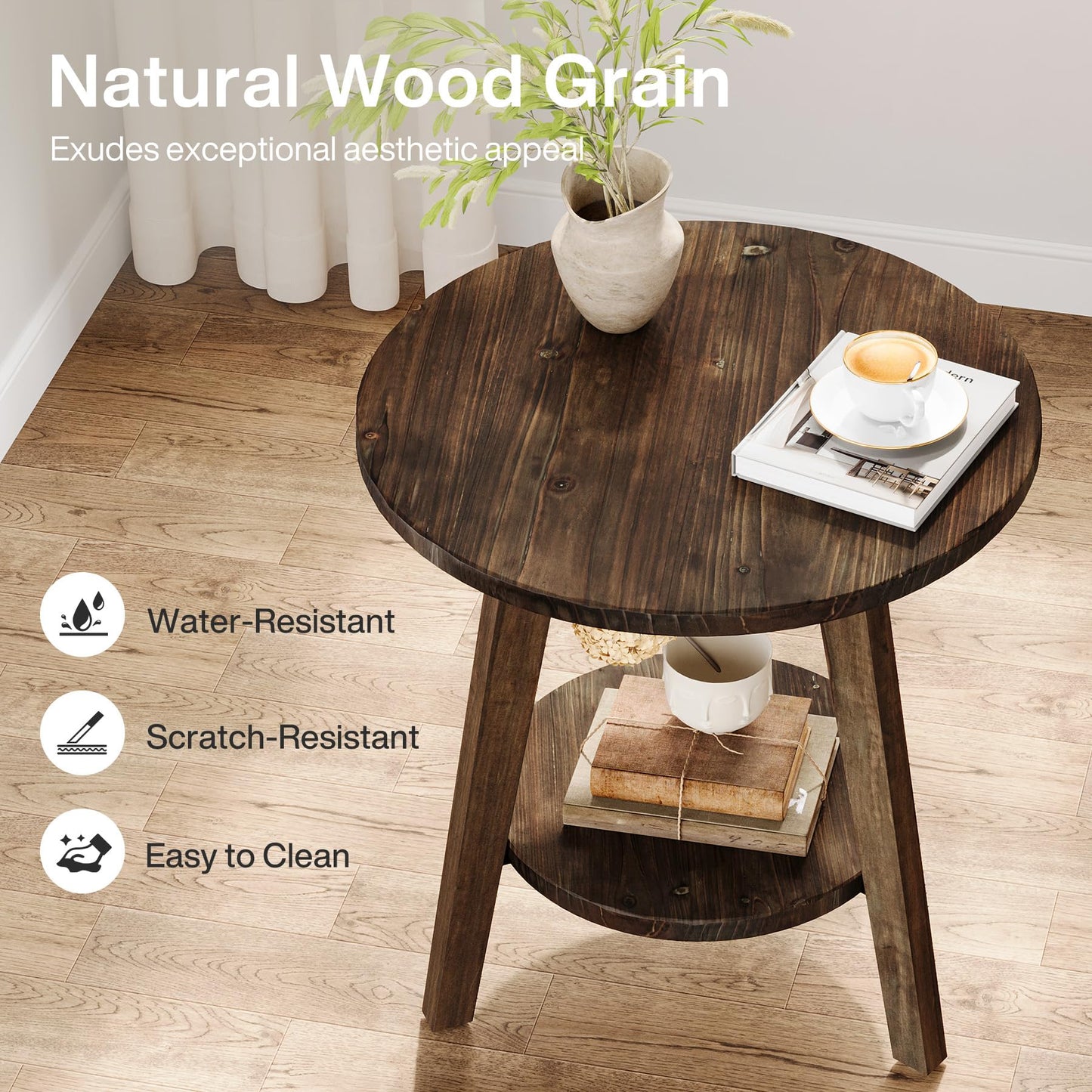 Solid Wood Round End Table, Sofa Side Table with Storage Shelf, Farmhouse Nightstand for Living Room, Bedroom, Easy Assembly (Dark Brown, 1 PC)