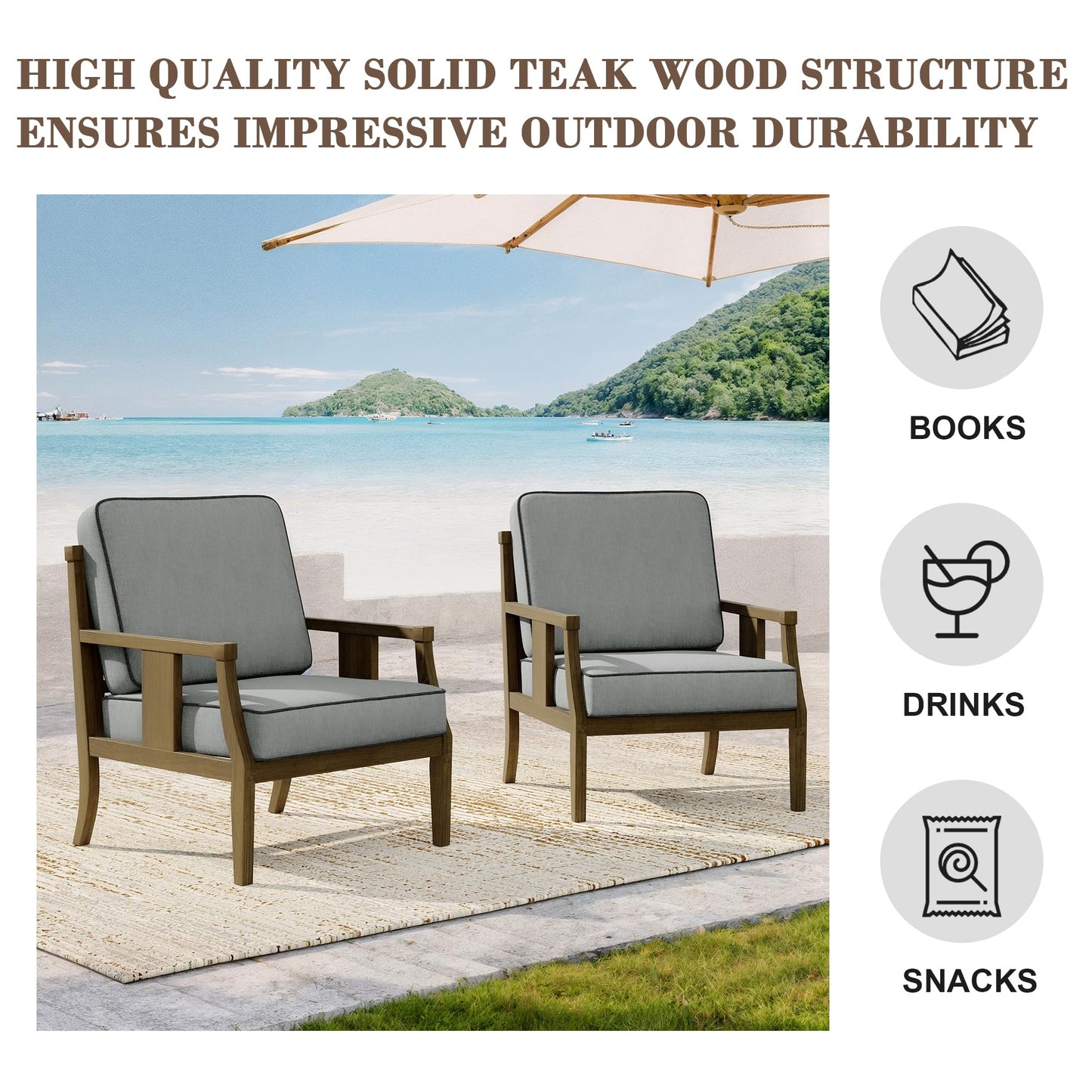 Outdoor Patio Armchairs Set of 2, All-Weather Solid Wood Patio Furniture Sets, Outdoor Sofa Chairs with Washable Thick Cushions for Porch, Balcony, Deck, Black Frame & Gray Cushion