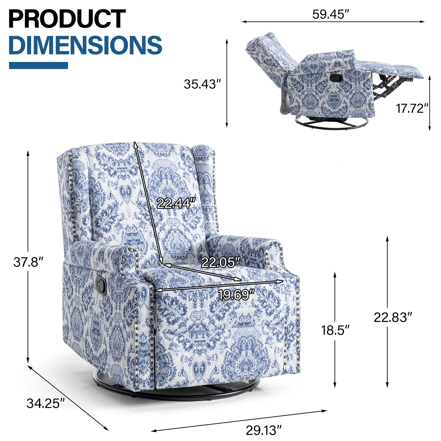 Swivel Rocker Recliner Chair, 360° Swivel Wingback Recliner Chairs for Adults, Upholstered Printed Fabric Glider Rocking Chair with High Back, Deep Seat for Living Romm Bedroom, Bird