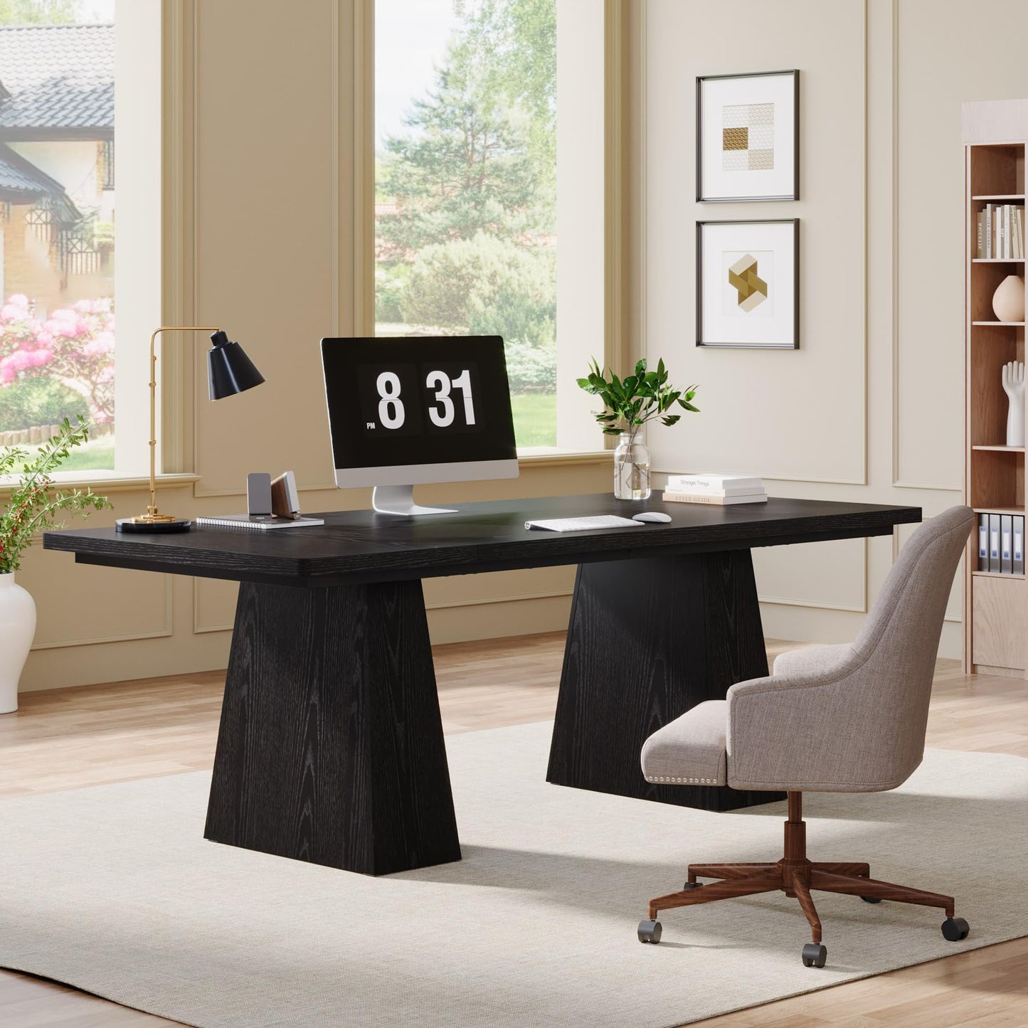 Tribesigns 63-Inch Executive Desk, Large Office Computer Desk with Double Pedestal, Modern Simple Workstations Writing Table Conference Table Business Furniture for Home Office, Light Brown
