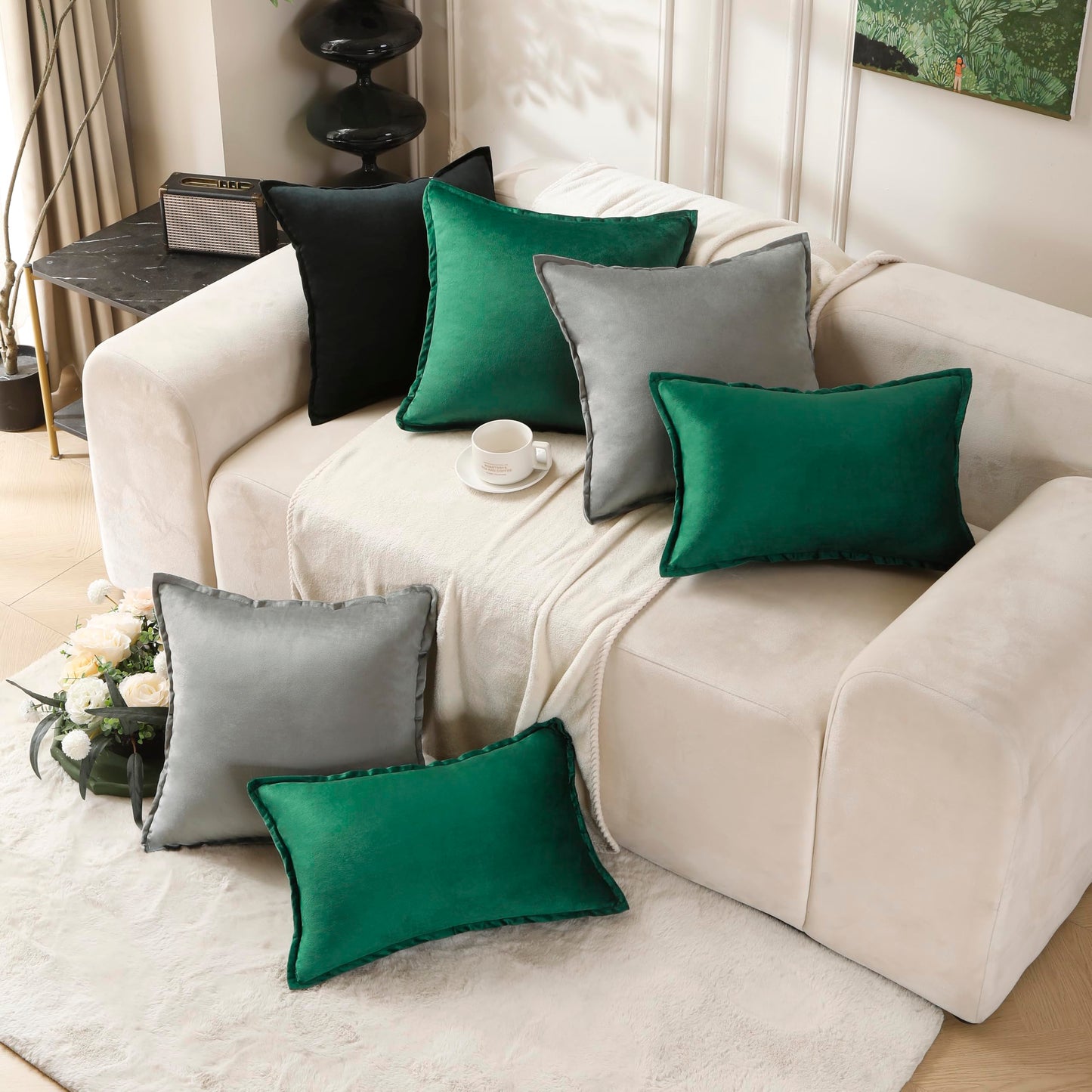 VAKADO Throw Pillow Covers 18x18 Set of 2 Olive Green Velvet Decor Decorative Couch Cushion Euro Xmas Pillowcases with Fringe Home Bed Decoration for Sofa Bedroom Office