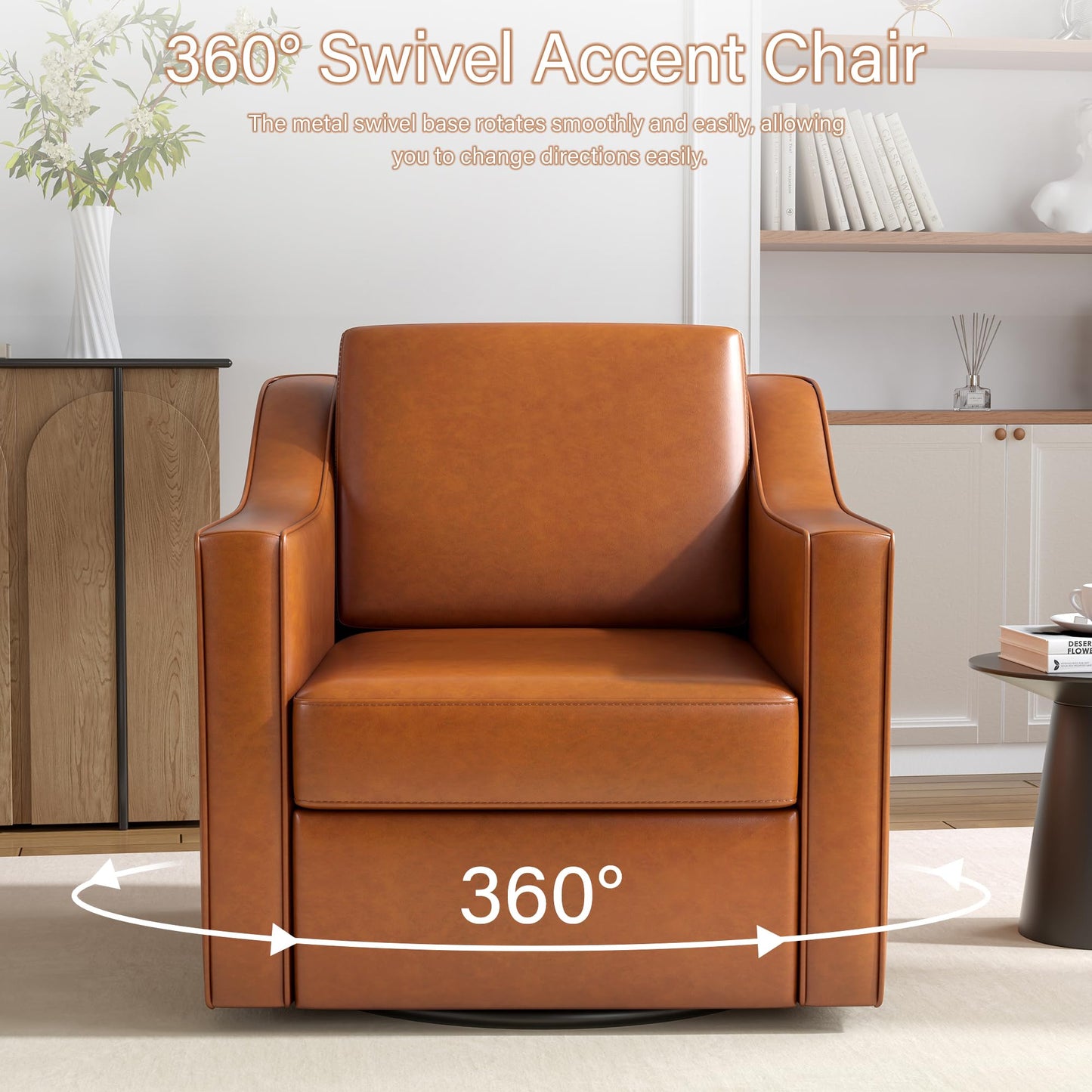 Swivel Accent Chairs Set of 2, 360° Swivel Upholstered Faux Leather Club Armchairs for Living Room, Comfy Single Sofa Reading Chair with Deep Seat, Metal Swivel Base, Coffee