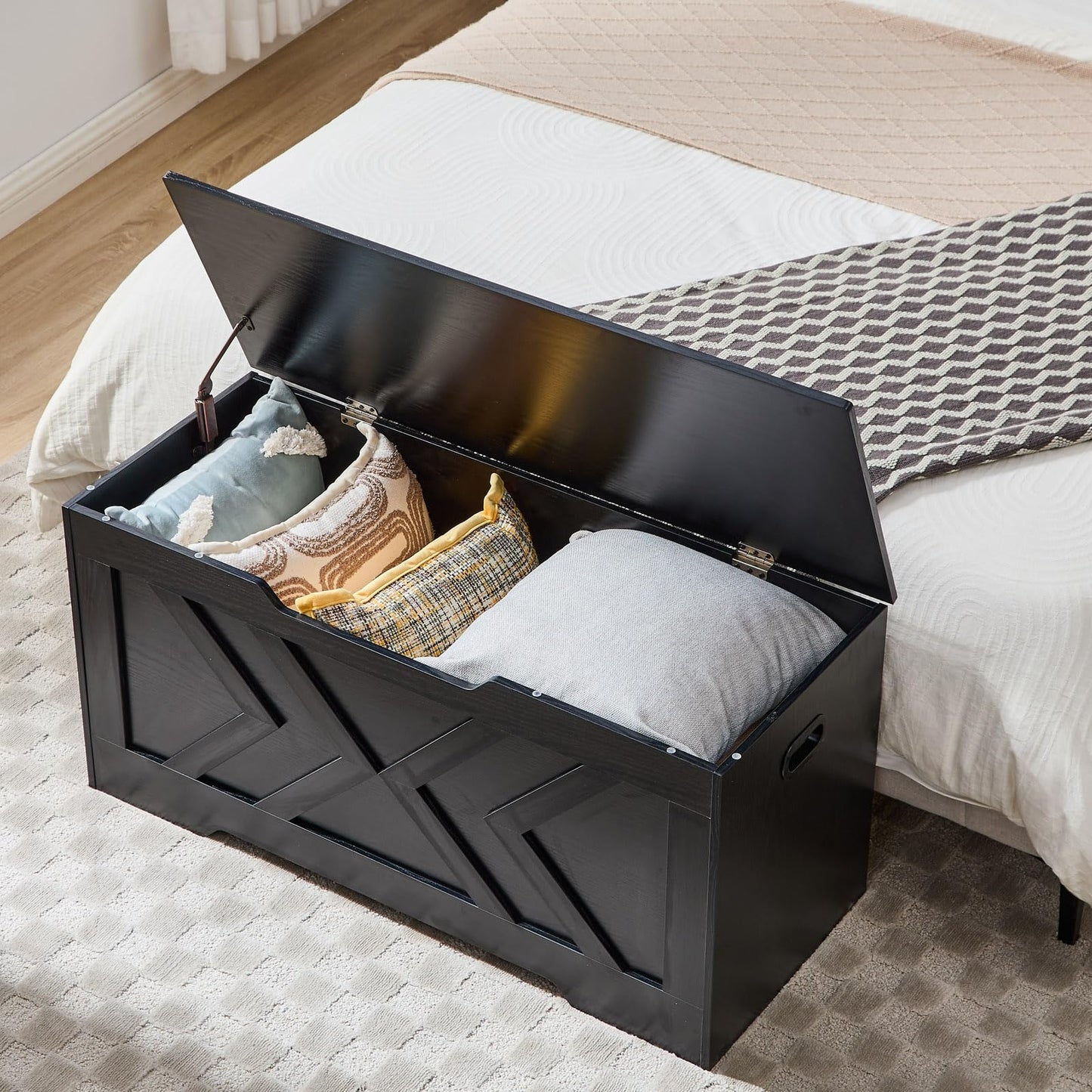 47.2” Storage Bench,Extra Large Wooden Storage Chest with 2 Safety Hinges,entryway Bench,Blanket Storage,Shoe Storage Bench for Entryway,Bedroom,Living Room,Easy Assembly.-Greige