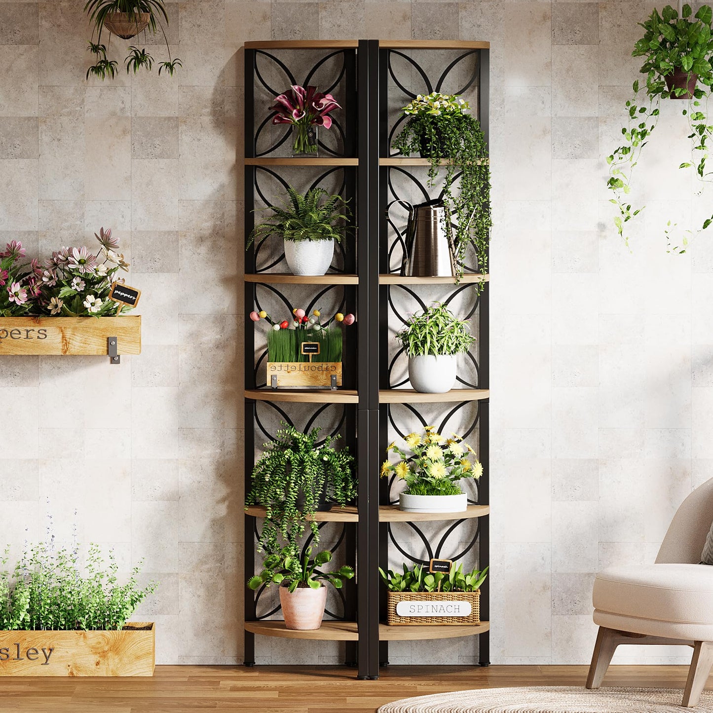Tribesigns 6-Tier Corner Shelf, Industrial 70.9" Rustic Corner Bookshelf Display Shelf for Living Room, Wooden Shelving Unit Plant Stand Storage Rack for Bedroom, Bathroom, Kitchen,Natural