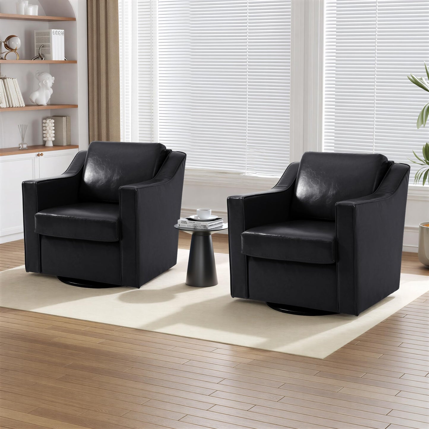 Swivel Accent Chairs Set of 2, 360° Swivel Upholstered Faux Leather Club Armchairs for Living Room, Comfy Single Sofa Reading Chair with Deep Seat, Metal Swivel Base, Coffee