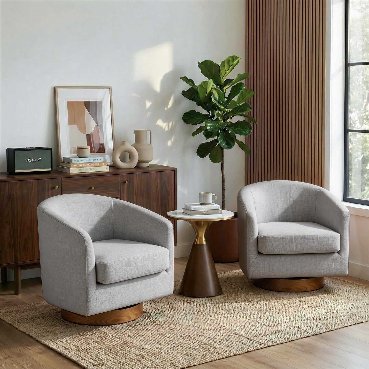 Swivel Barrel Chairs Set of 2, 31" W Modern Faux Leather Round Swivel Accent Chair for Living Room, 360° Rotation Upholstered Armchair Club Chair for Bedroom, Reading Room, Office (Brown)