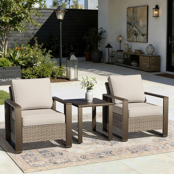 Joyside Outdoor Patio Chairs, 3 Pieces Wicker Rattan Furniture Set, 2 Patio Chairs and 1 Table, Metal Wide Armrest, Thick Cushions and Deep Seating for Garden, Backyard, Porch, Deck