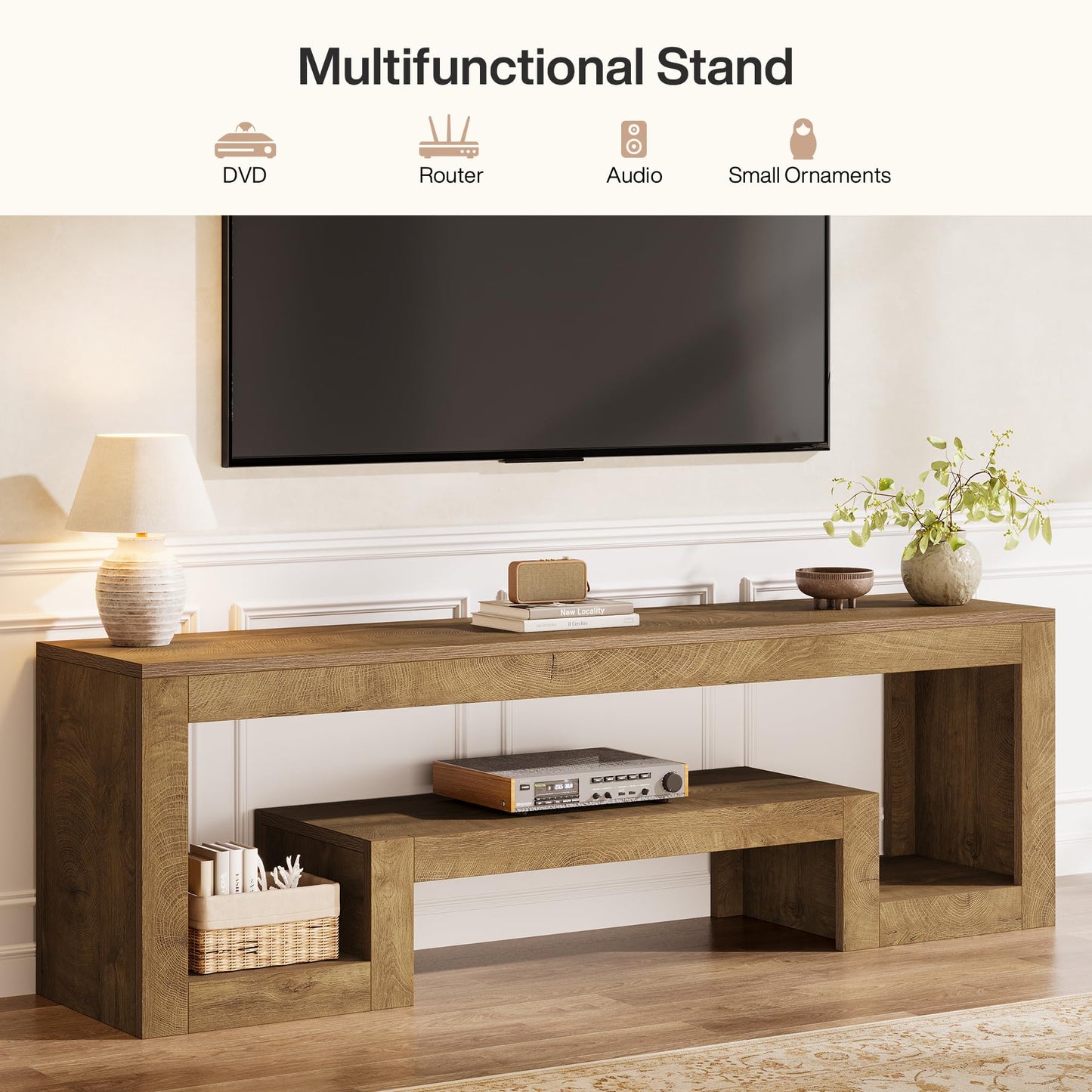 Tribesigns 63-Inch TV Stand for 55/60/65/75-Inch TVs, Farmhouse Entertainment Center with Open Storage Shelves, Wood Television Console for Living Room, Bedroom