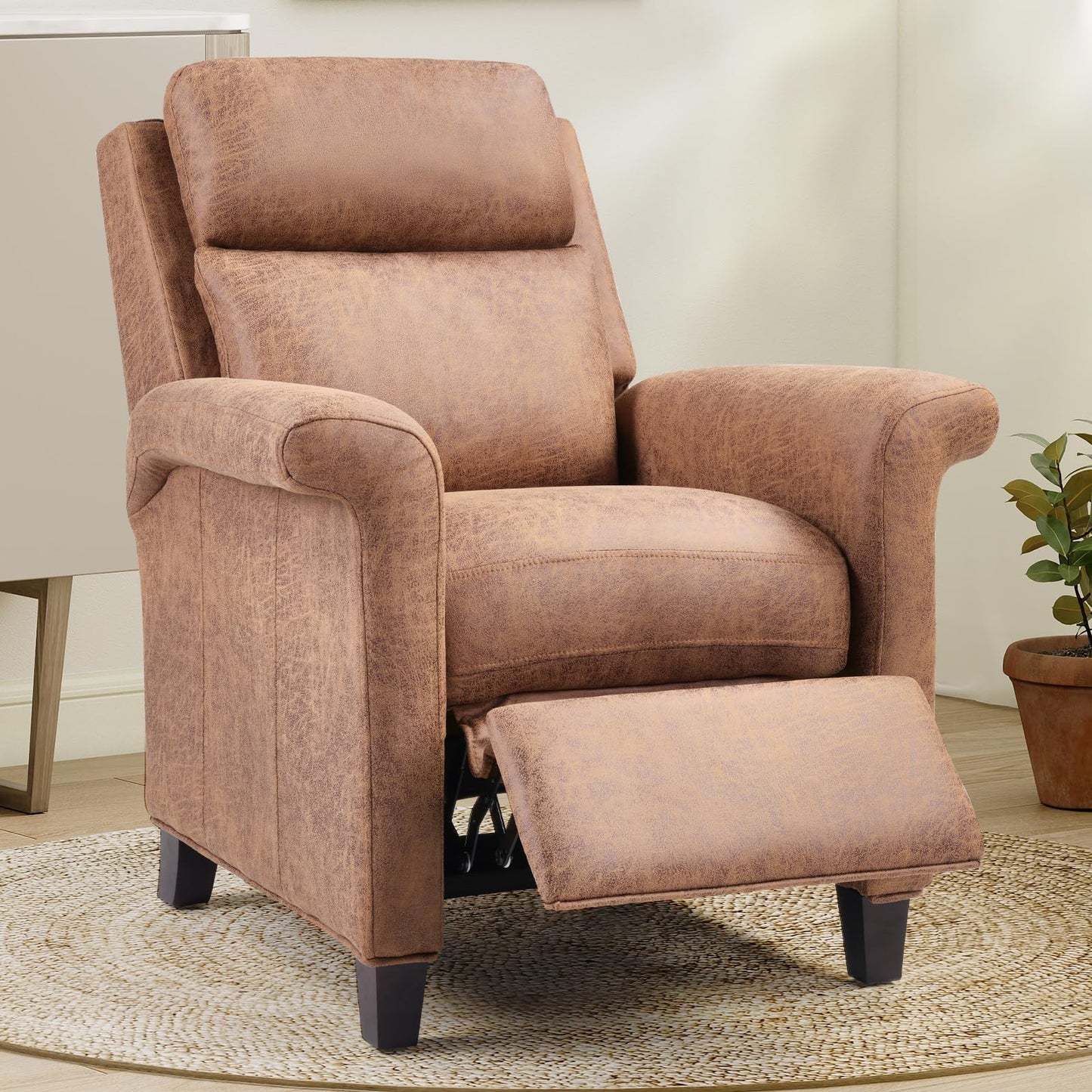 IOMOR Push Back Recliner Chair, Faux Leather Lounge Armchair with Footrest, Decoration Single Sofa Accent Chair for Living Room, Bedroom, Small Spaces (1, L-Brown)