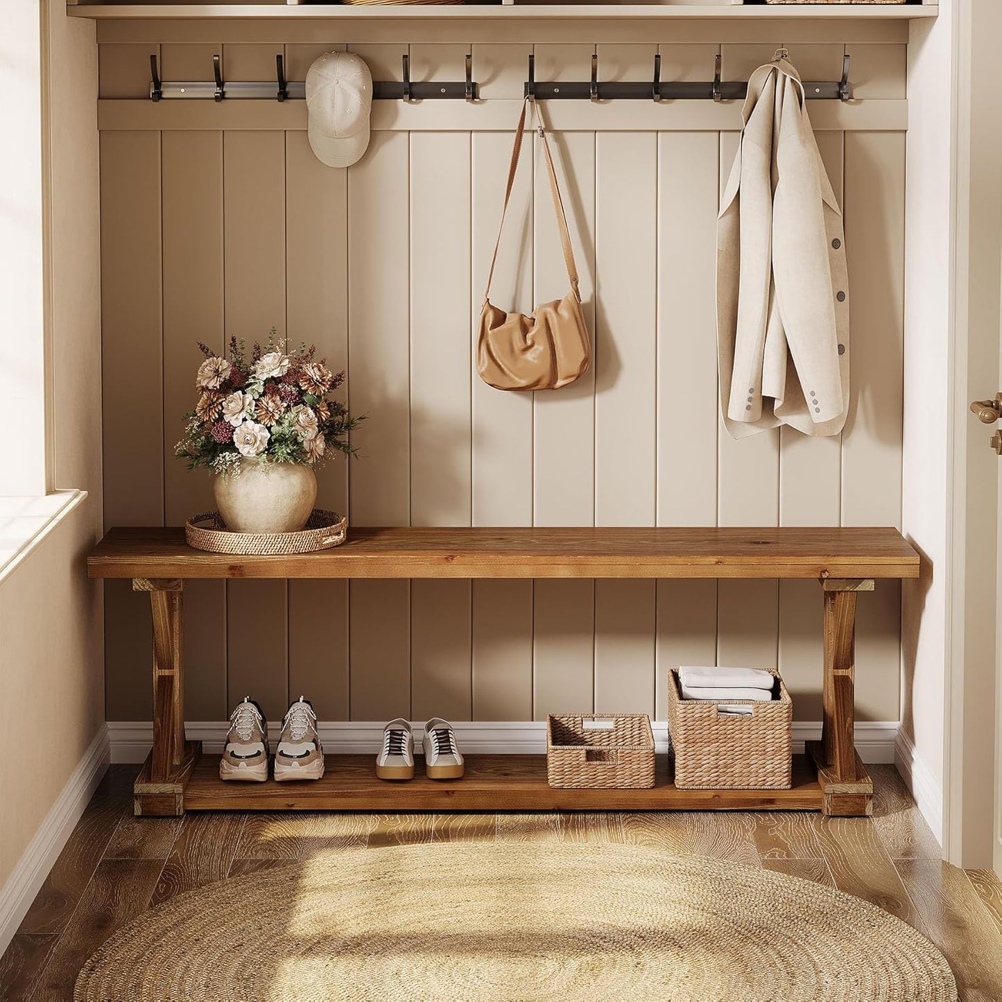 59-Inch Solid Wood Entryway Bench, 2-Tier Narrow Farmhouse Foyer Shoe Bench with Open Shelf for Hallway, Mudroom, Bedroom, Natural Brown