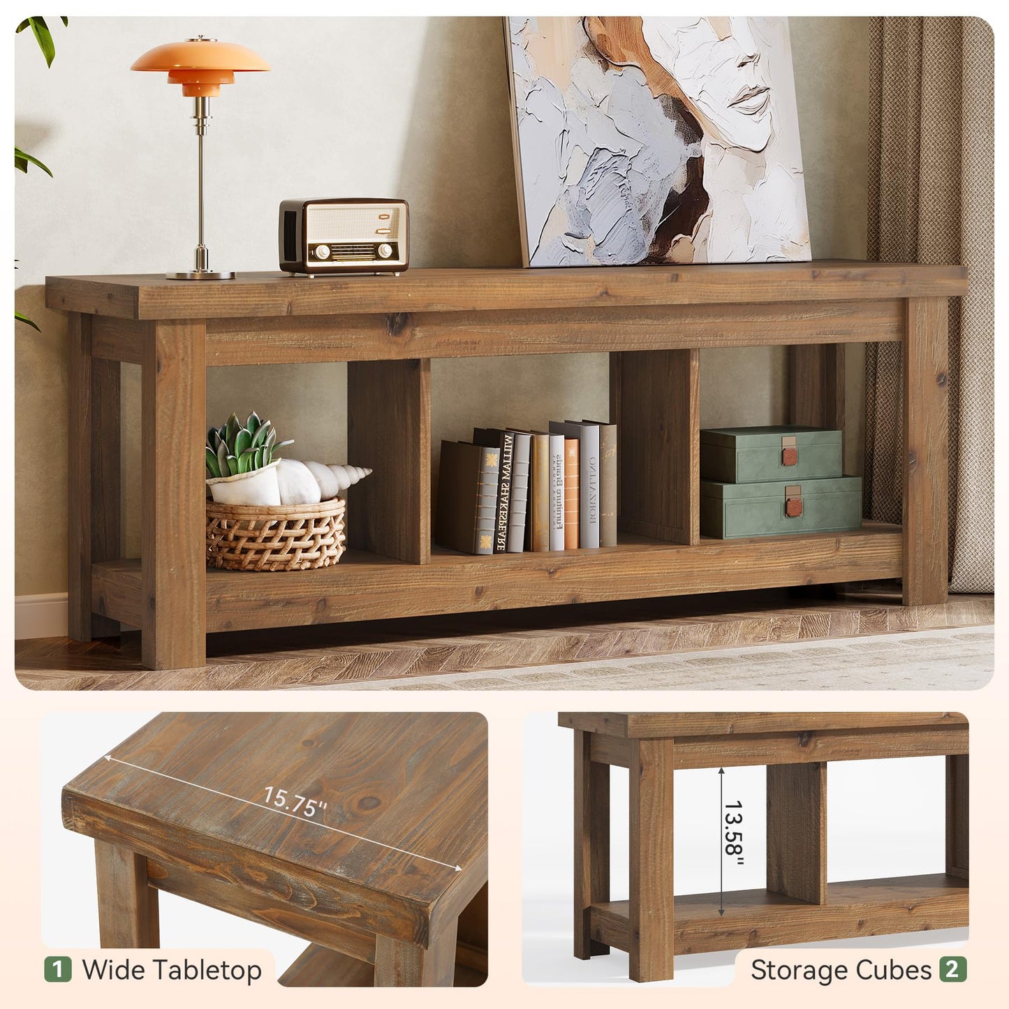 Solid Wood Console Table, 63-Inch Entryway Table with Storage, Long Wooden Sofa Table Behind Couch for Entryway, Hallway, Foyer, Living Room, Natural Wood