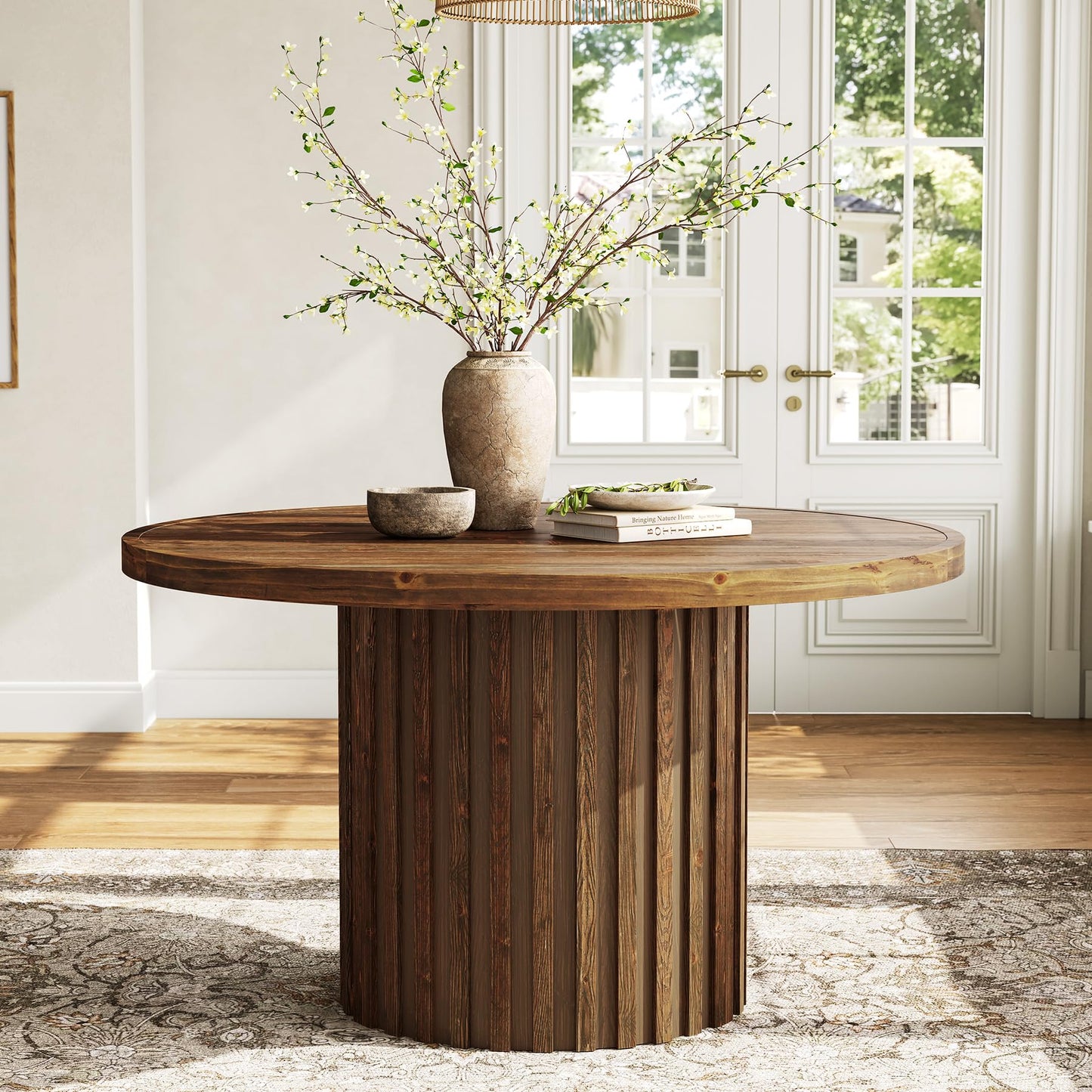 47" Solid Wood Dining Table for 4-6, Farmhouse Round Kitchen Table with Striped Pedestal Base, Circle Wooden Dining Room Furniture for Kitchen Living Room, Wood Tabletop+MDF Pedestal Base