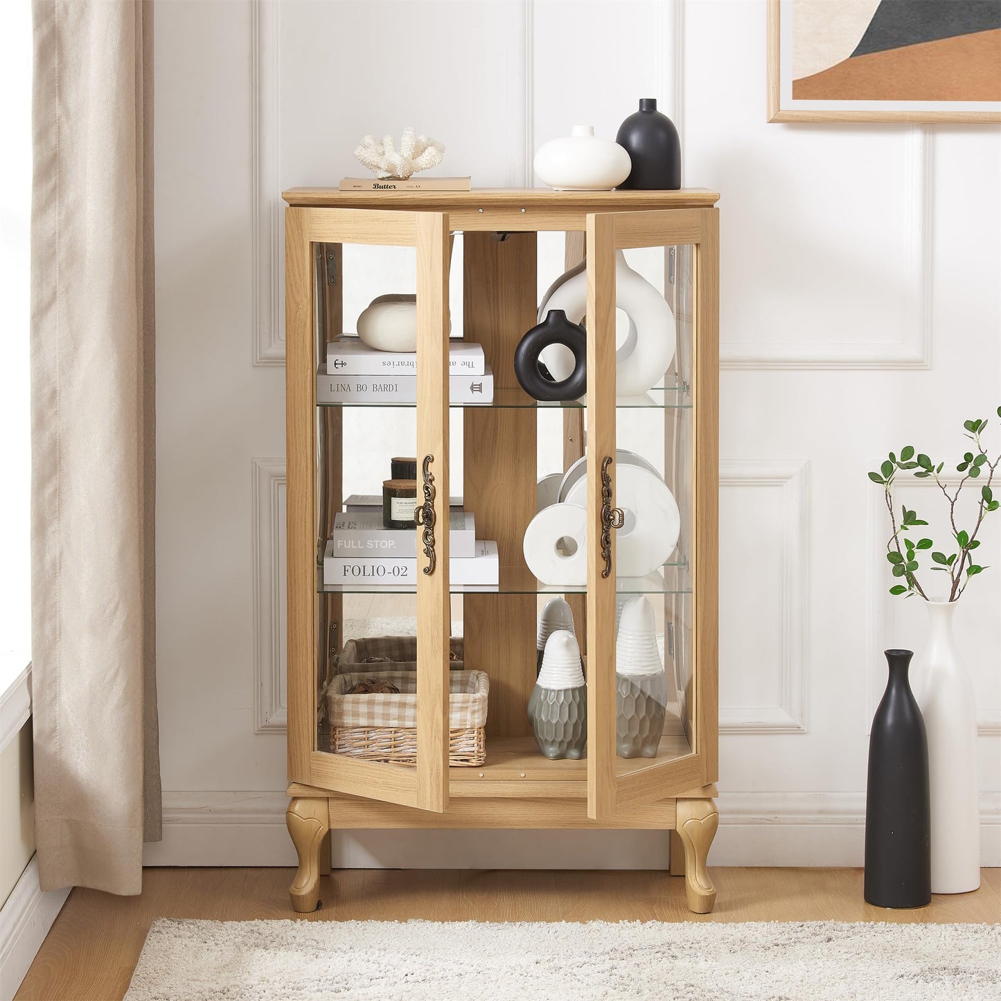LKTART Curio Glass Display Cabinet,Storage Cabinet with Lights and Mirrored Back Panel,China Cabinet with Tempered Glass Doors and Shelves,Collectible Display Shelf,Included Bulb White