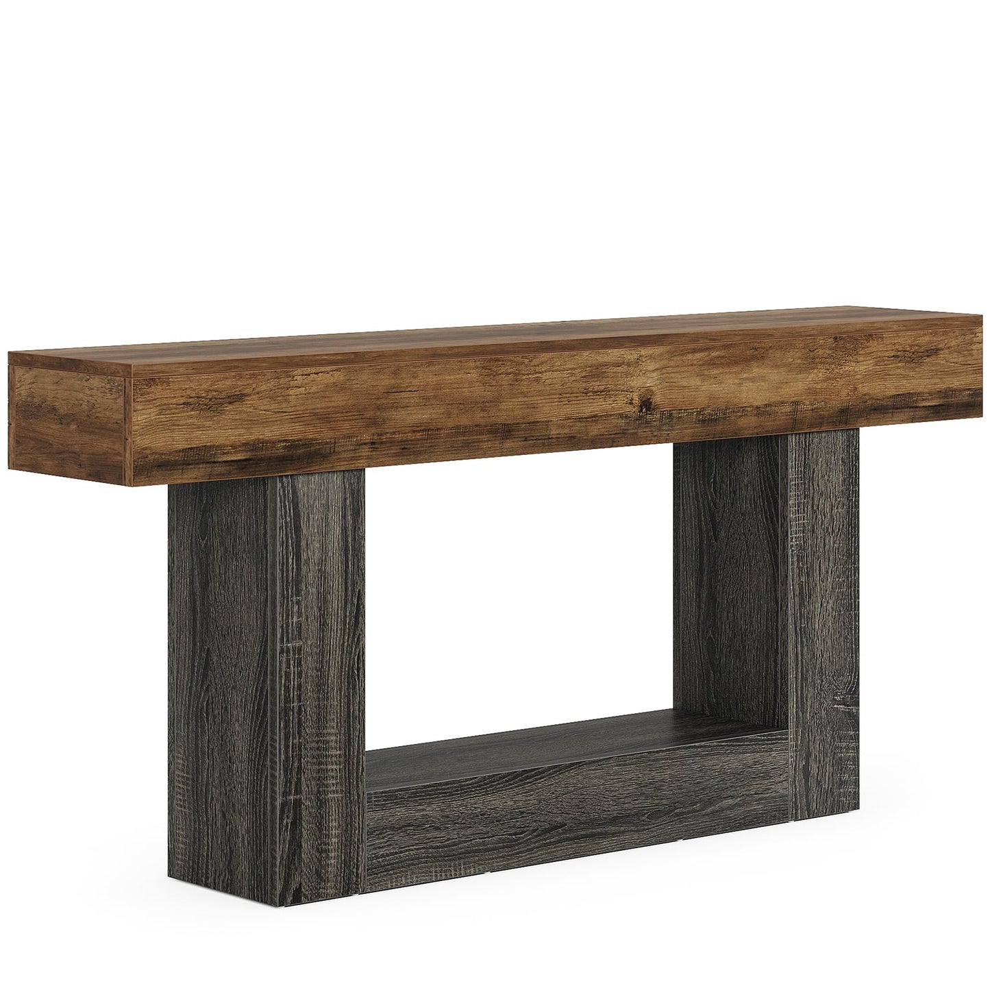 Tribesigns 63" Console Table, Farmhouse 2-Tier Entryway Table with U-Shaped Base, Narrow Long Wood Sofa Table Behind Couch Table for Living Room, Hallway, Foyer, Vintage Brown & Gray | Farmhouse