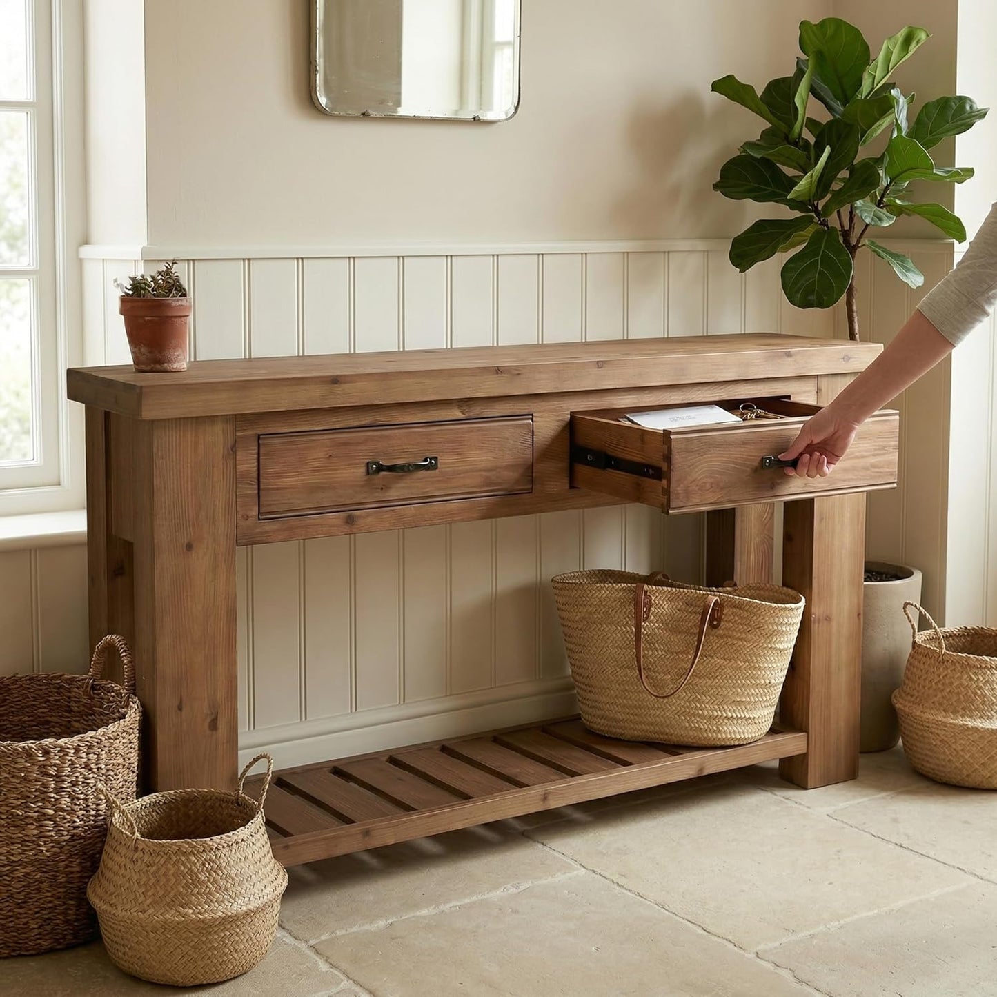 Farmhouse Solid Wood Console Table, 63-Inch Long Entryway Sofa Table with 2 Drawers and Open Slatted Shelf for Hallway, Entrance and Living Room