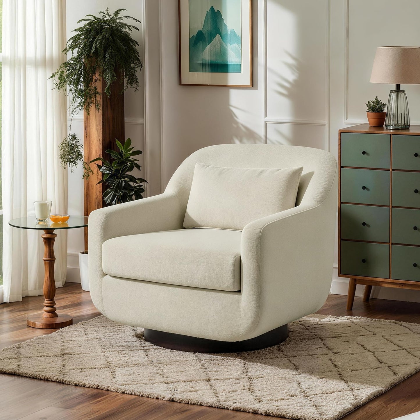 Swivel Accent Chair, 360° Swivel Upholstered Barrel Chair for Living Room, Comfy Club Armchairs Reading Chair with Curves Back Design, Metal Swivel Base, Chenille Fabric, Dark Gray
