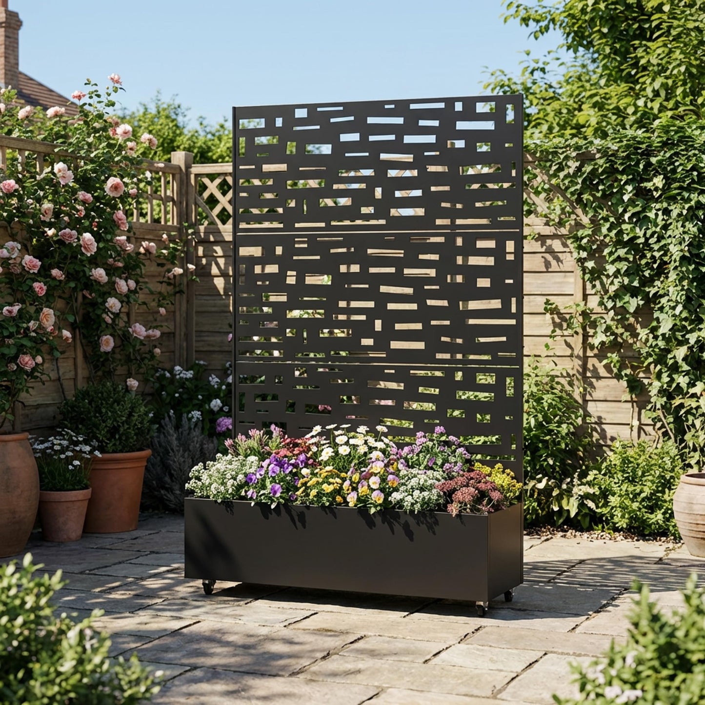 Metal Raised Garden Bed with Trellis and Wheels, 71"x47"x16" Planter Box with Privacy Screen & Drainage Holes, Arched Outdoor Garden Bed for Climbing Plants, Vegetables, Flowers (Black-Square)