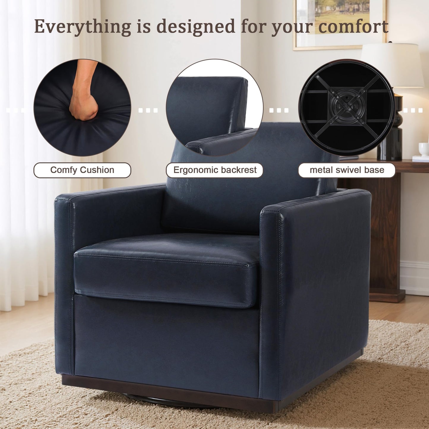 Faux Leather Swivel Accent Chairs Set of 2, 360° Swivel Upholstered Club Armchairs for Living Room, 31" Wide Square Single Sofa Reading Chair with Deep Seat, Metal Swivel Base, Navy
