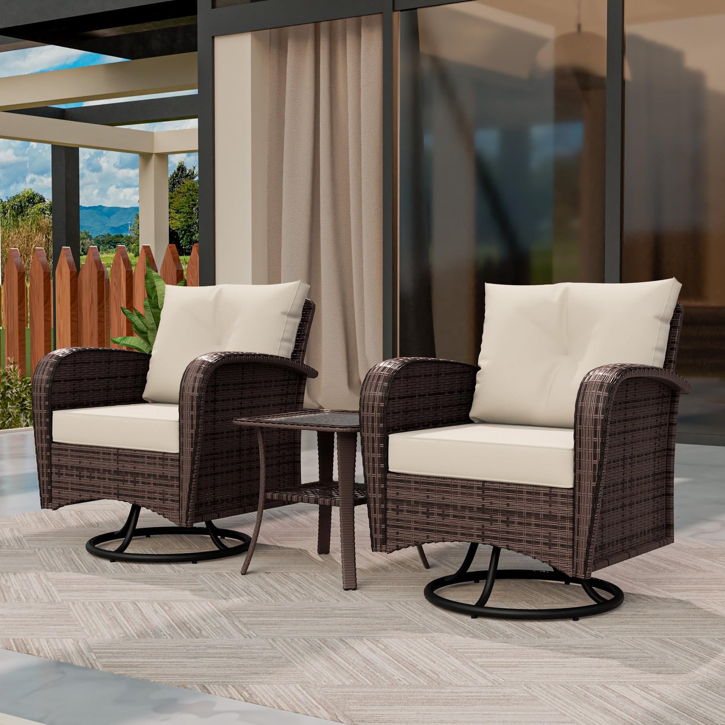 4 Piece Patio Conversation Set - 2 Swivel Chairs 1 Coffee Table 3-Seater Sofa, PE Wicker & Steel Patio Furniture with Heavy-Duty Steel Frame,Weatherproof Cushions, Red