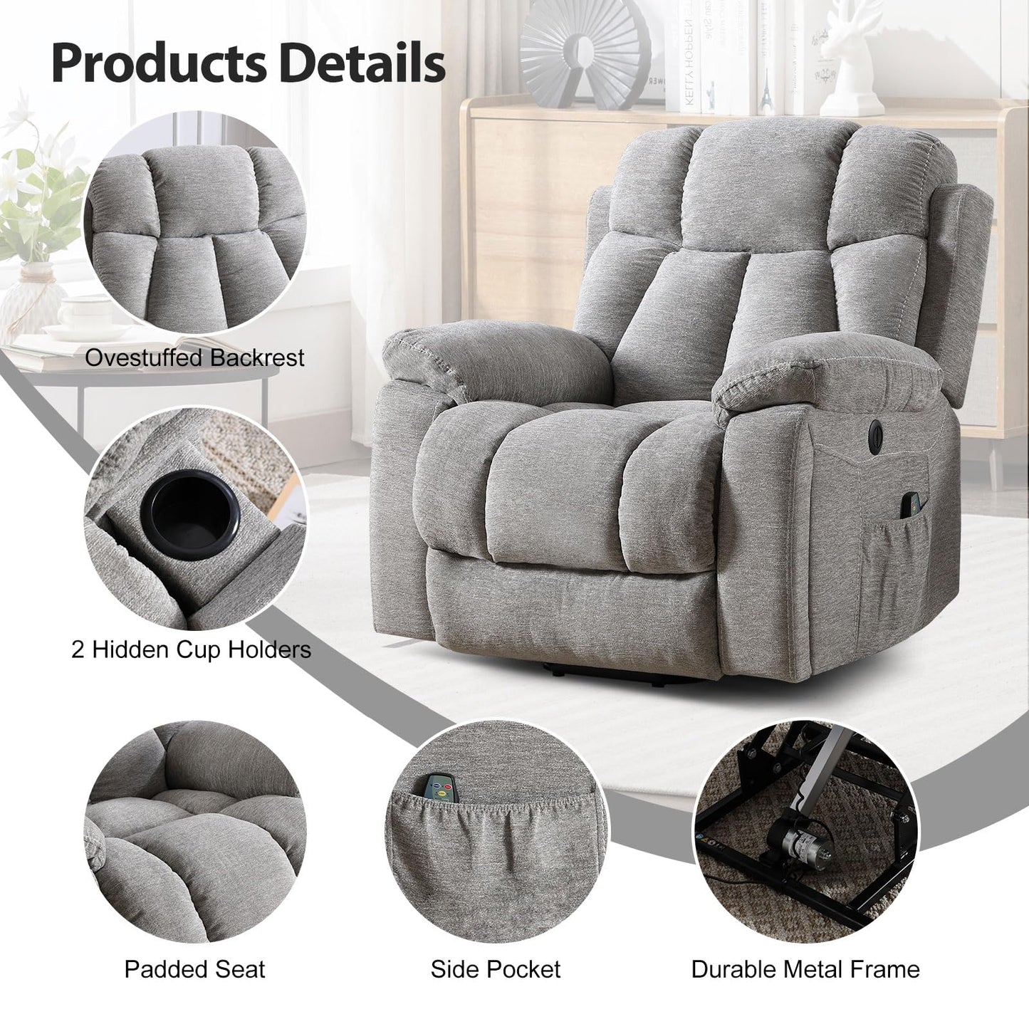 IOMOR Large Power Lift Recliner Chair for Elderly with Massage and Heat, Electric Lift Recliner Single Sofa with with 2 Cup Holders, Side Pocket & USB Charge Port for Living Room (1, Dark Gray)