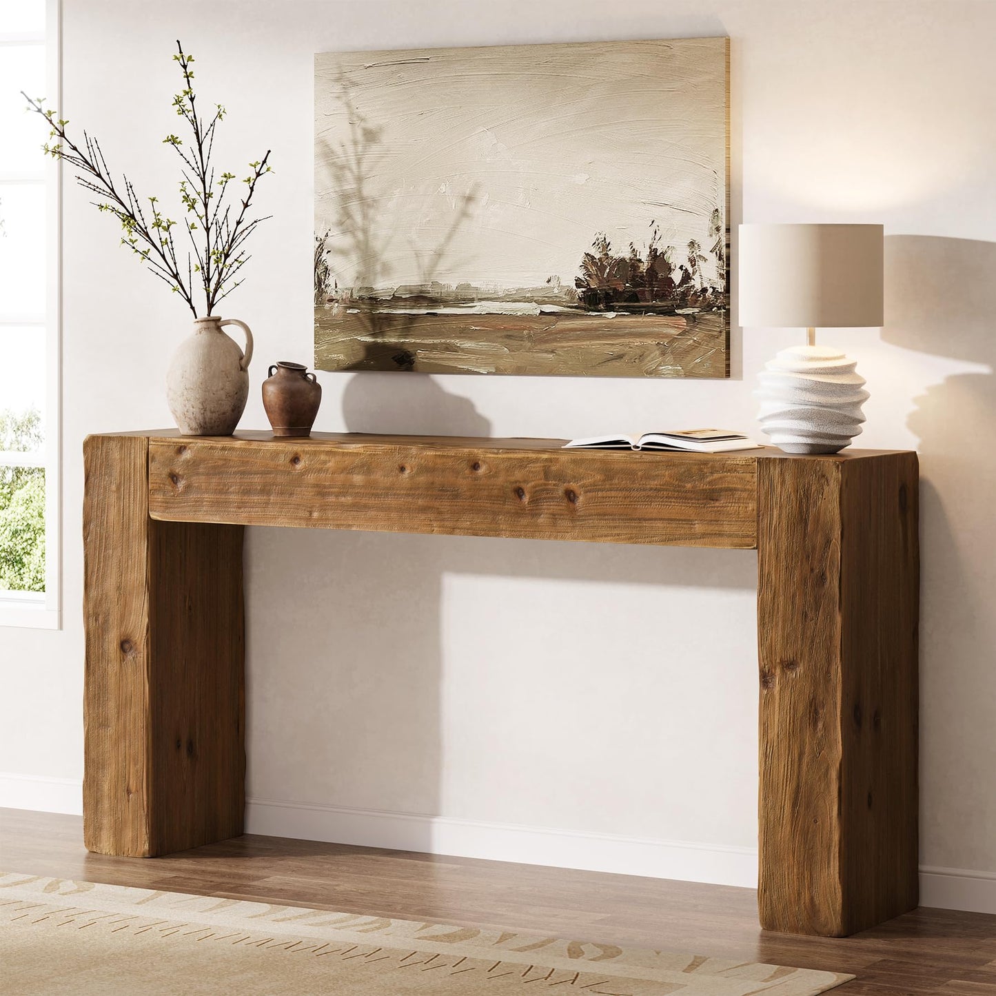 Solid Wood Console Table, 63-Inch Farmhouse Sofa Table Behind Couch for Entryway, Living Room, Foyer, Easy Assembly (Light Wood)