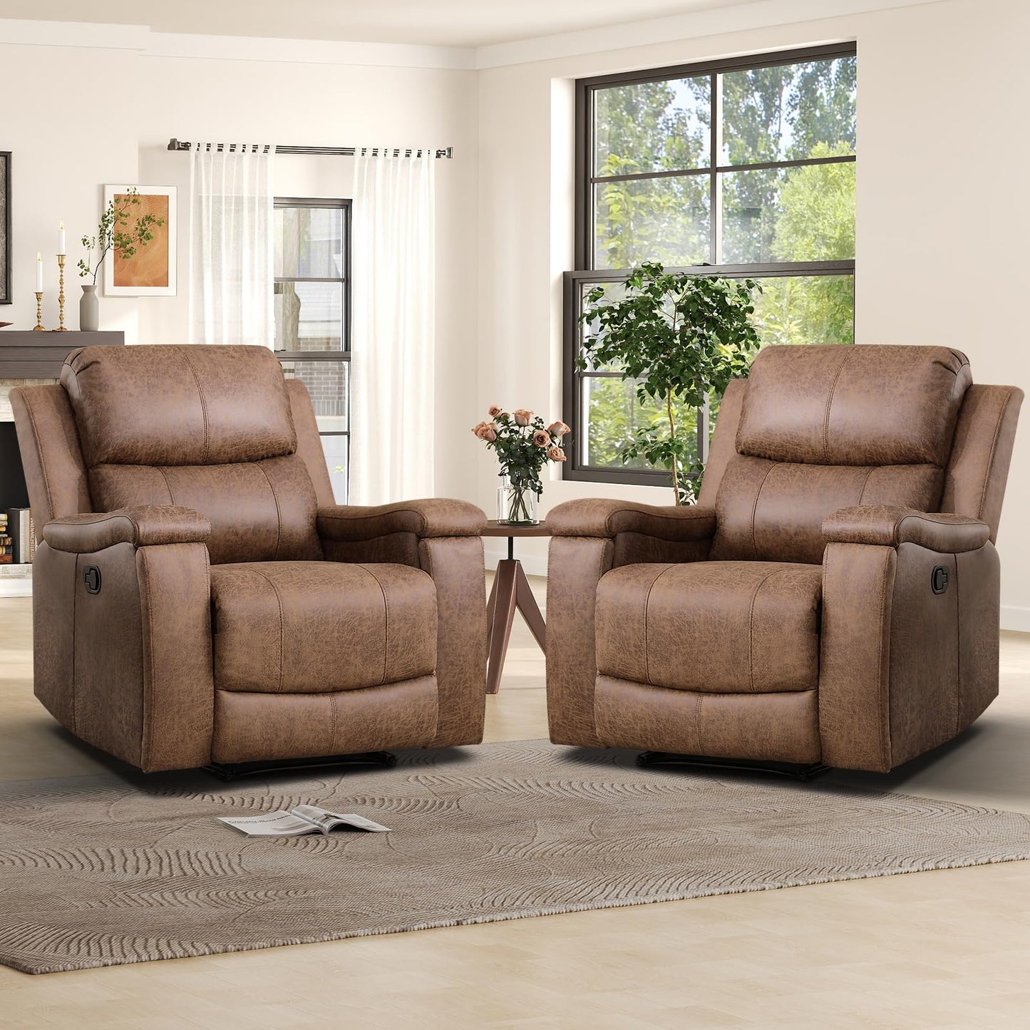 IOMOR Leather Recliner Chair, Manual Recliner Chair for Adults with Overstuffed Arms and Back, Single Sofa Recliner with Cup Holders for Living Room (1, Brown)