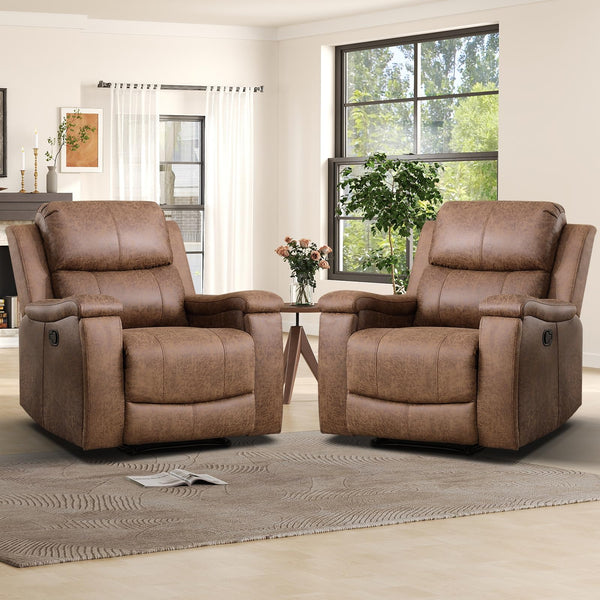 IOMOR Leather Recliner Chair, Manual Recliner Chair for Adults with Overstuffed Arms and Back, Single Sofa Recliner with Cup Holders for Living Room (1, Brown)
