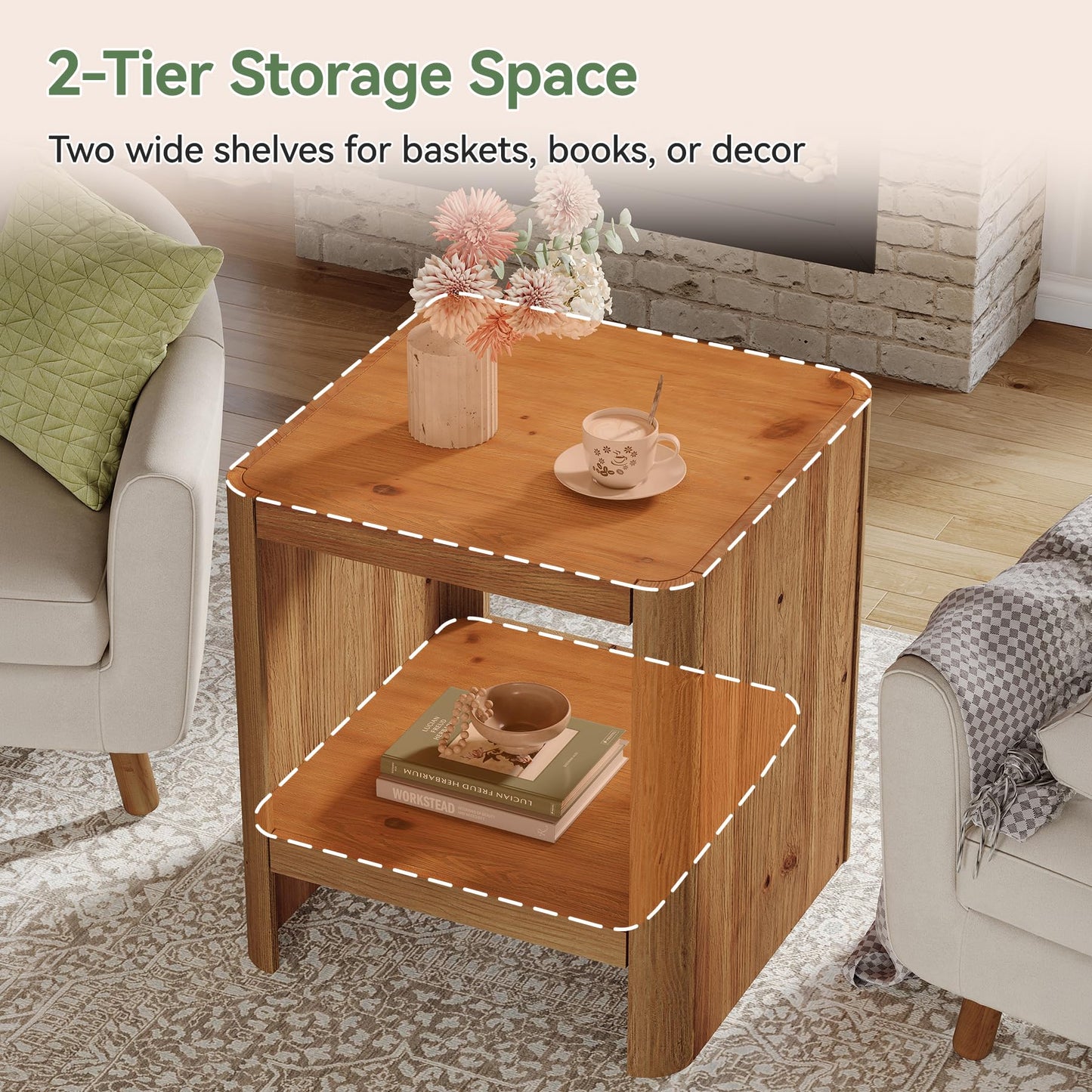 Solid Wood End Table, 2-Tier Small Side Table with Open Storage Shelf, Rustic Nightstand for Living Room, Bedroom, or Small Spaces, Easy Assembly (2, Natural Wood)