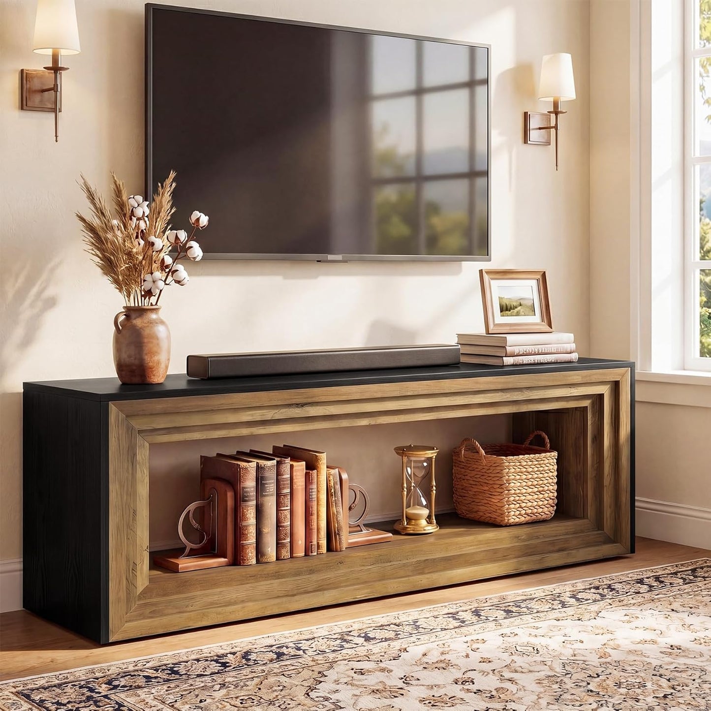 Tribesigns 2-Tier TV Stand for 75 Inch TV, 63" Entertainment Center with Storage Shelf, Farmhouse Media Cabinet, Console Table Behind Sofa, Television Stands for Living Room, Bedroom, Brown & Black