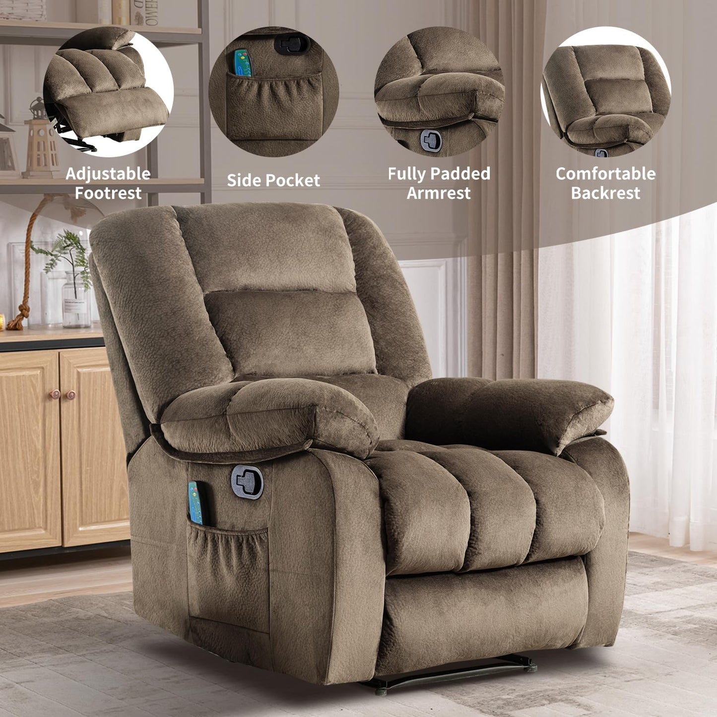 IOMOR Massage Recliner Chair with Heat and Massage, Ergonomic Overstuffed Breathable Fabric Reclining Chairs, Single Sofa Chair with Side Pockets for Living Room Home Theater (Dark Gray)