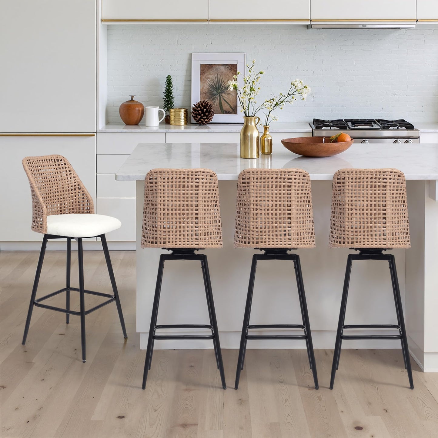 28.7" Swivel Bar Stools Set of 2, Mid Century Modern Counter Height Barstools with Rattan Backrest, Upholstered Chenille Armless Bar Chair Island Stools for Kitchen Island, Bar, Beige