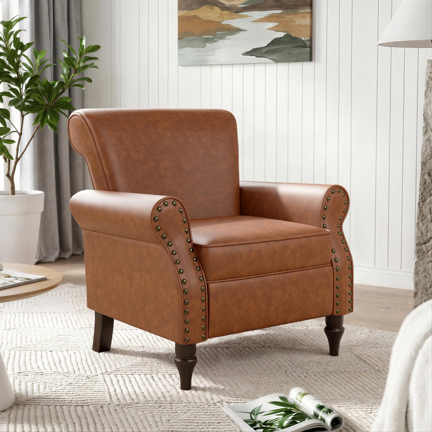 Wingback Accent Chairs Set of 2, Mid-Century Modern Upholstered Armchair Living Room Chair with Nailhead Trim & Rolled Armrest, Comfy Lounge Chair Single Sofa Chair for Bedroom, Light Blue
