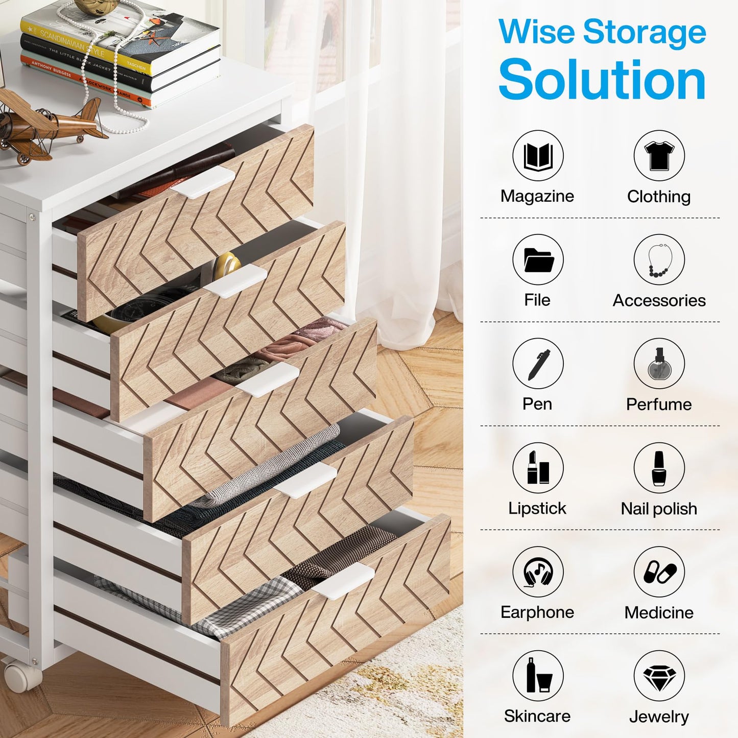 Tribesigns 5 Drawer Chest, Wood Storage Dresser Cabinet with Wheels, Industrial Storage Drawer Organizer Cart for Office Bedroom Entryway (Rustic Brown, 1 PC)
