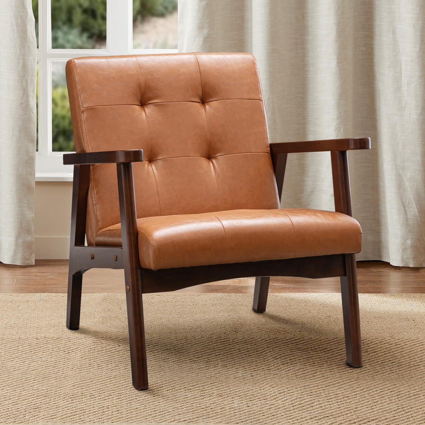 IOMOR Accent Chair Mid Century Modern Chair for Living Room, Comfy Faux Leather Armchair with Solid Wood Frame Soft Thick Padded, Side Chairs Easy Assembly (1, Brown)